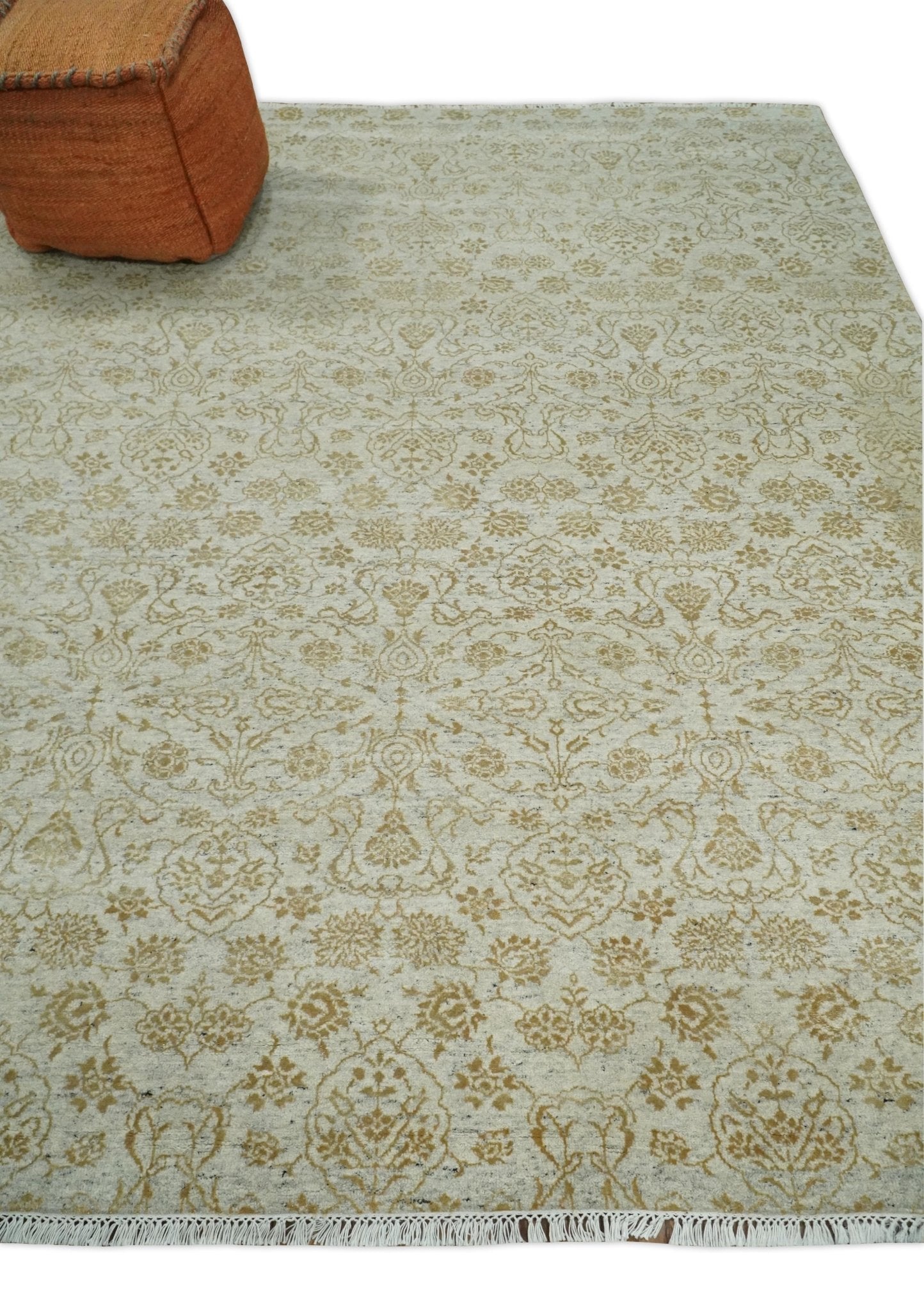 8x10 Fine Hand Knotted Beige and Gold Traditional Vintage Persian Style Antique Silk Rug | AGR21 - Marsh and Manor Collective