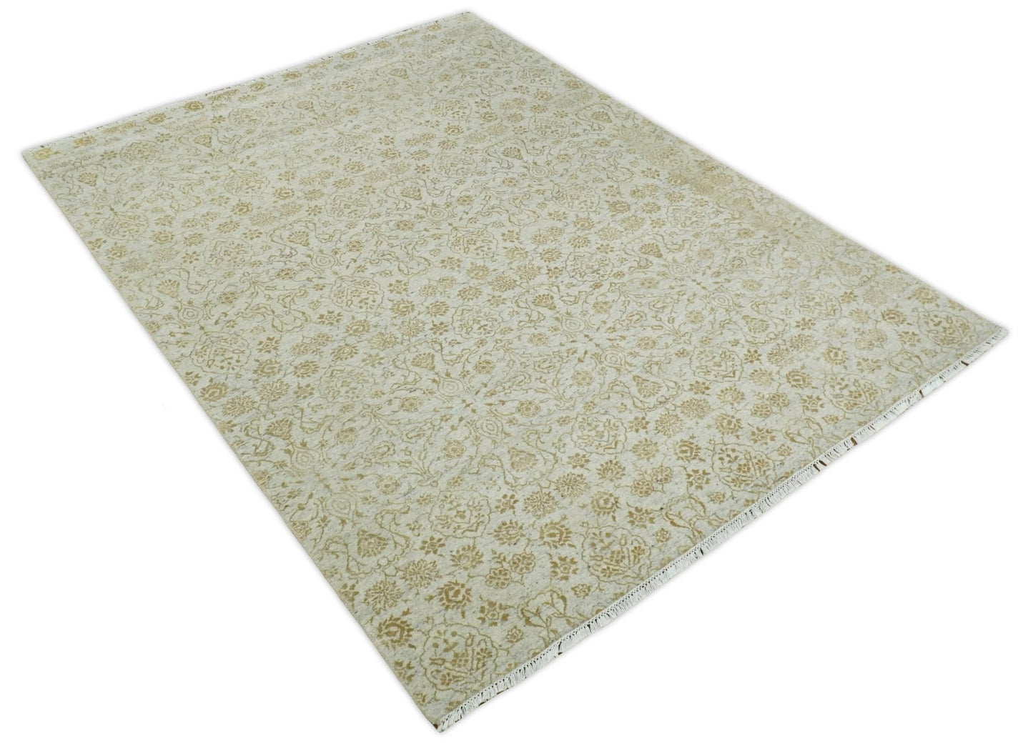 8x10 Fine Hand Knotted Beige and Gold Traditional Vintage Persian Style Antique Silk Rug | AGR21 - Marsh and Manor Collective