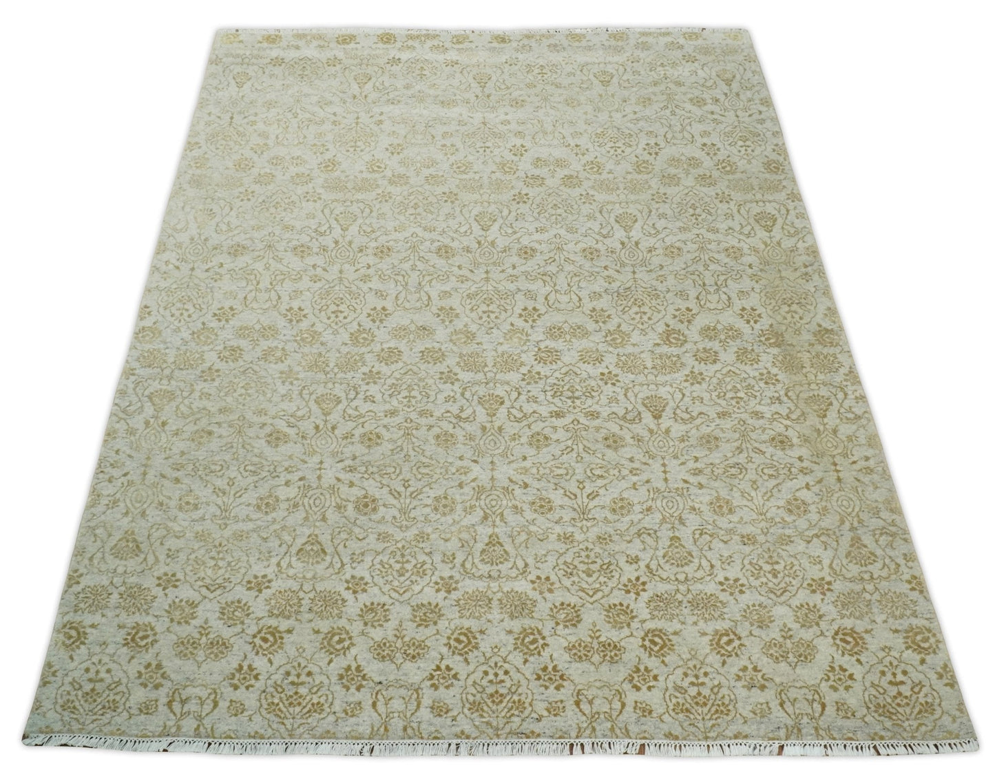 8x10 Fine Hand Knotted Beige and Gold Traditional Vintage Persian Style Antique Silk Rug | AGR21 - Marsh and Manor Collective