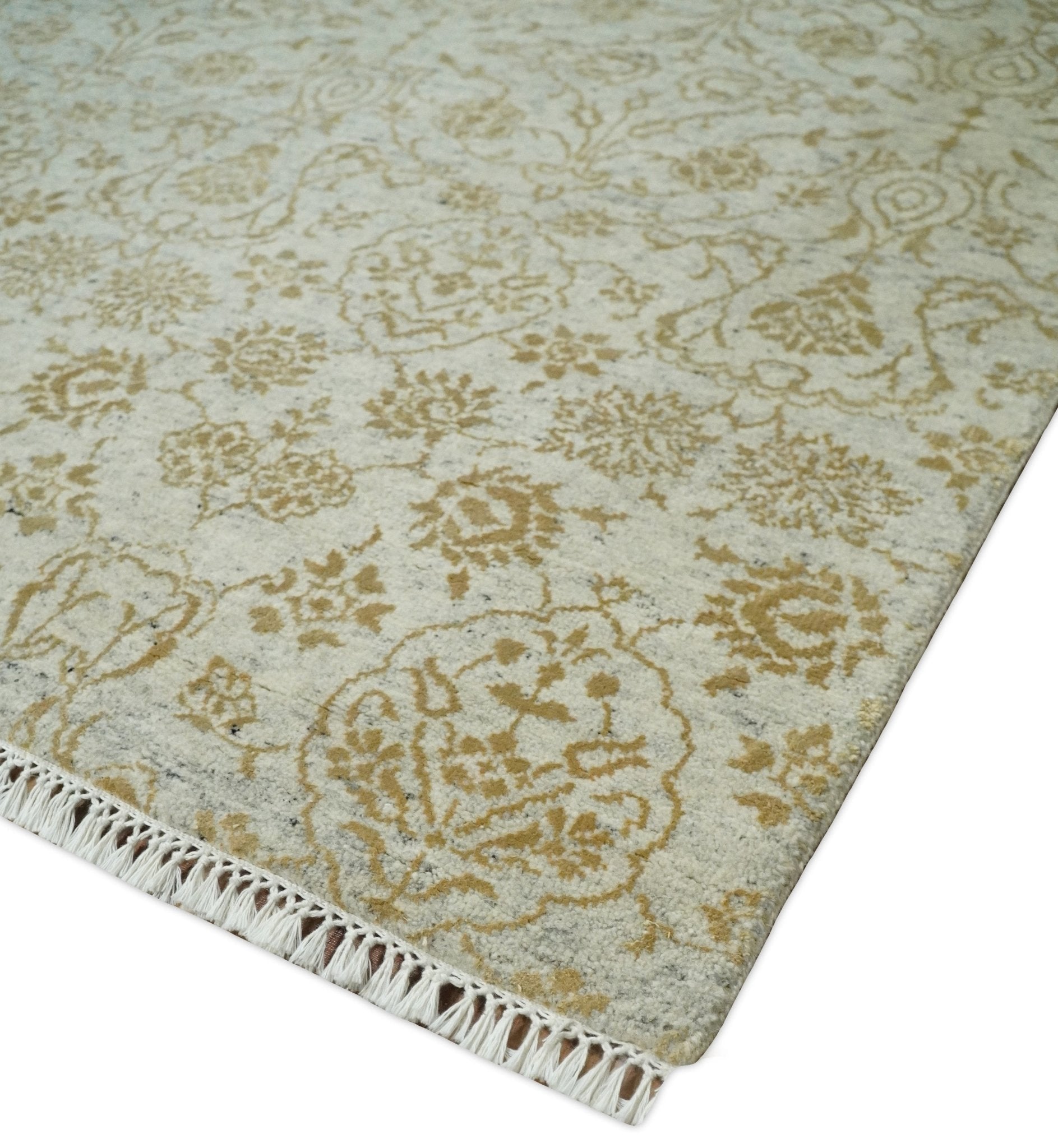 8x10 Fine Hand Knotted Beige and Gold Traditional Vintage Persian Style Antique Silk Rug | AGR21 - Marsh and Manor Collective