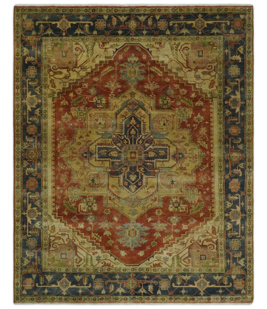 8x10 Gold, Rust and Charcoal Heriz Serapi Traditional Vintage Turkish Style Antique Look Hand Knotted Wool Area Rug | N361810 - Marsh and Manor Collective
