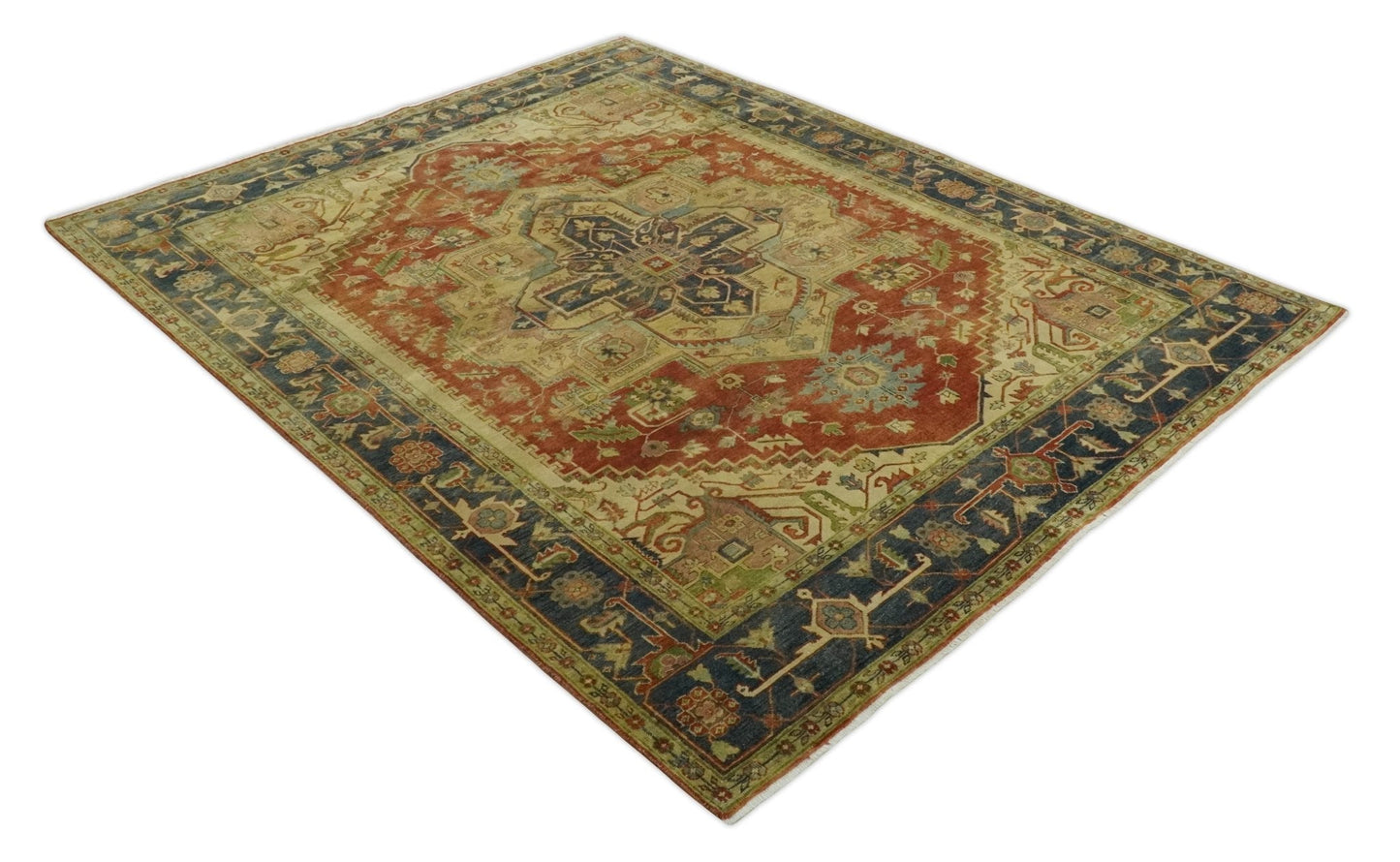 8x10 Gold, Rust and Charcoal Heriz Serapi Traditional Vintage Turkish Style Antique Look Hand Knotted Wool Area Rug | N361810 - Marsh and Manor Collective