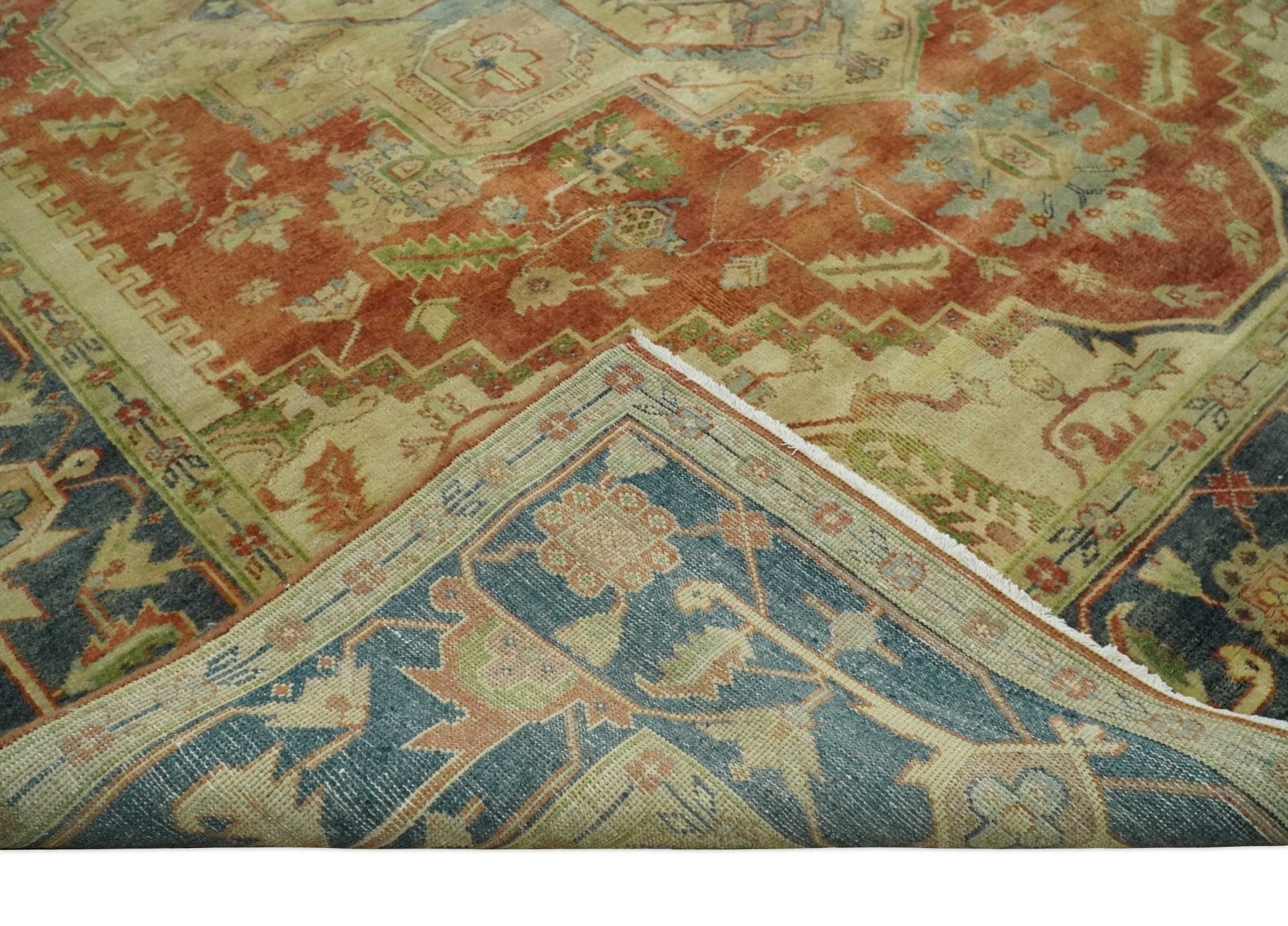 8x10 Gold, Rust and Charcoal Heriz Serapi Traditional Vintage Turkish Style Antique Look Hand Knotted Wool Area Rug | N361810 - Marsh and Manor Collective