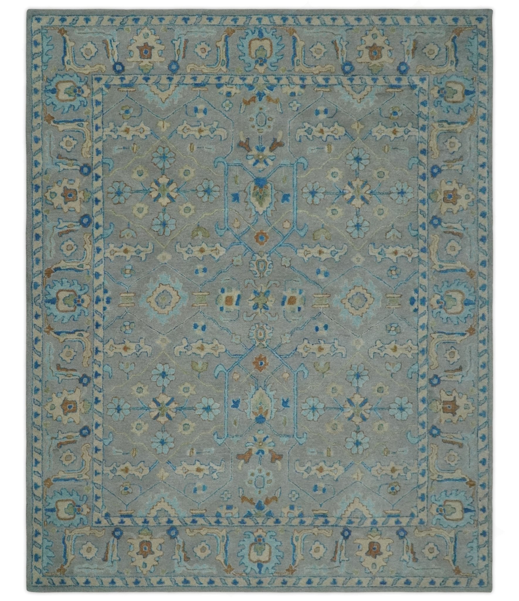 8x10 Hand Tufted Gray, Beige and Accent Blue Traditional Herati Design Wool Rug - Marsh and Manor Collective