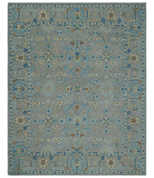 8x10 Hand Tufted Gray, Beige and Accent Blue Traditional Herati Design Wool Rug - Marsh and Manor Collective