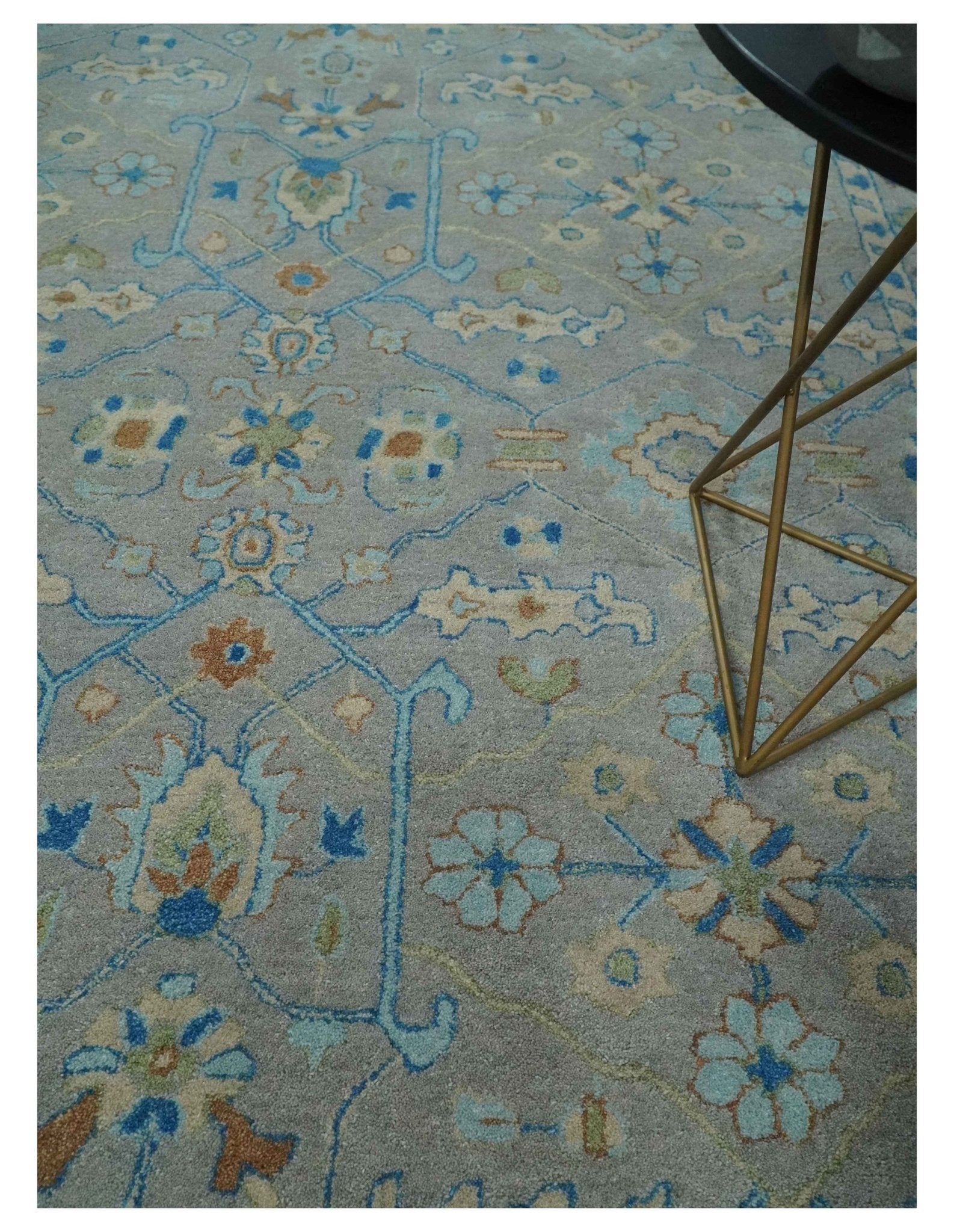 8x10 Hand Tufted Gray, Beige and Accent Blue Traditional Herati Design Wool Rug - Marsh and Manor Collective