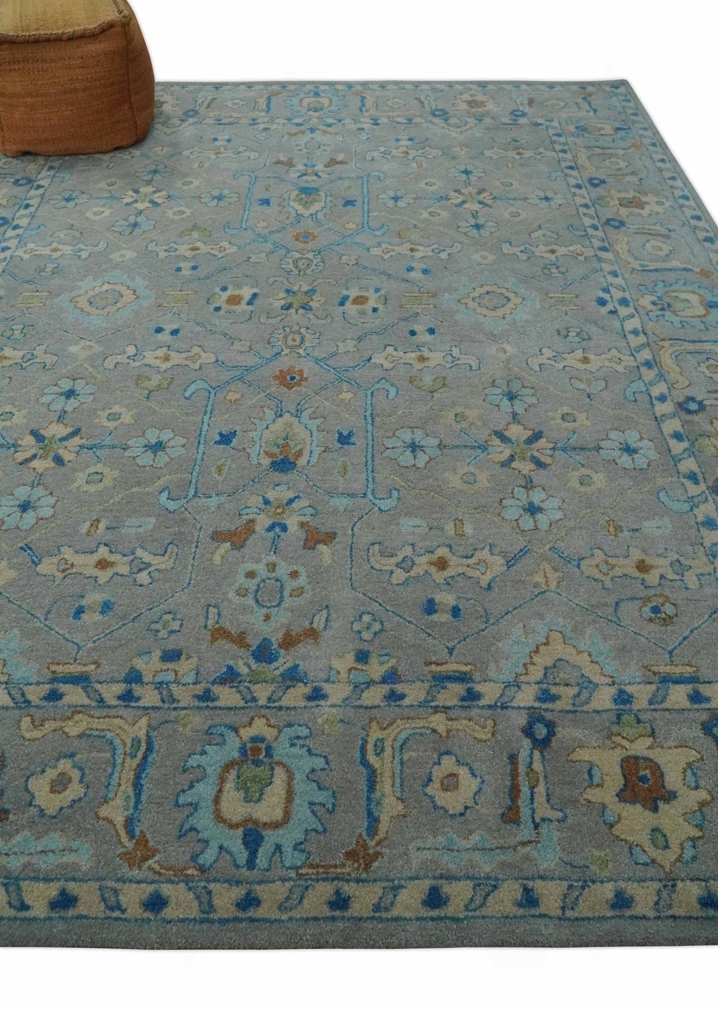 8x10 Hand Tufted Gray, Beige and Accent Blue Traditional Herati Design Wool Rug - Marsh and Manor Collective