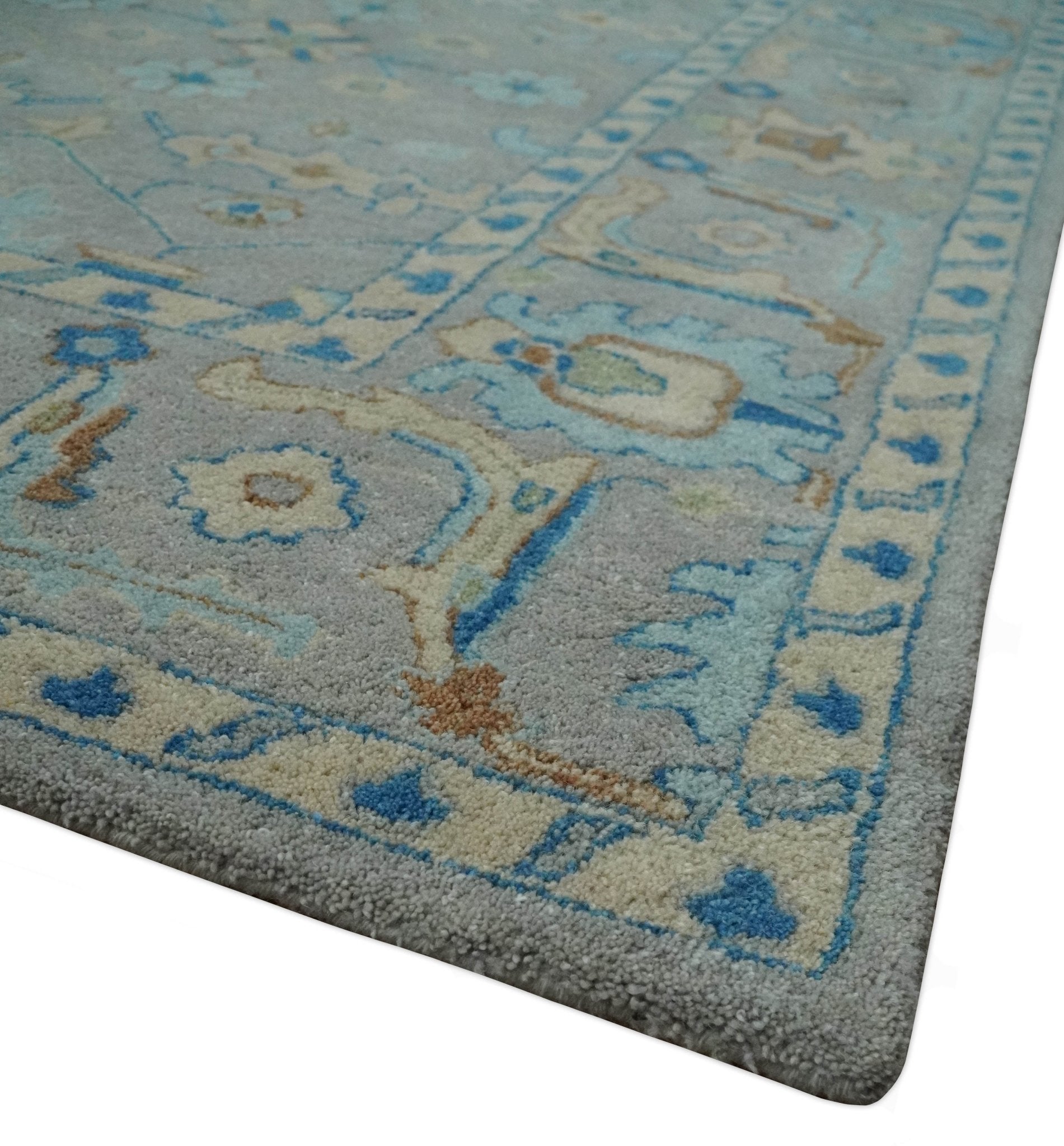 8x10 Hand Tufted Gray, Beige and Accent Blue Traditional Herati Design Wool Rug - Marsh and Manor Collective