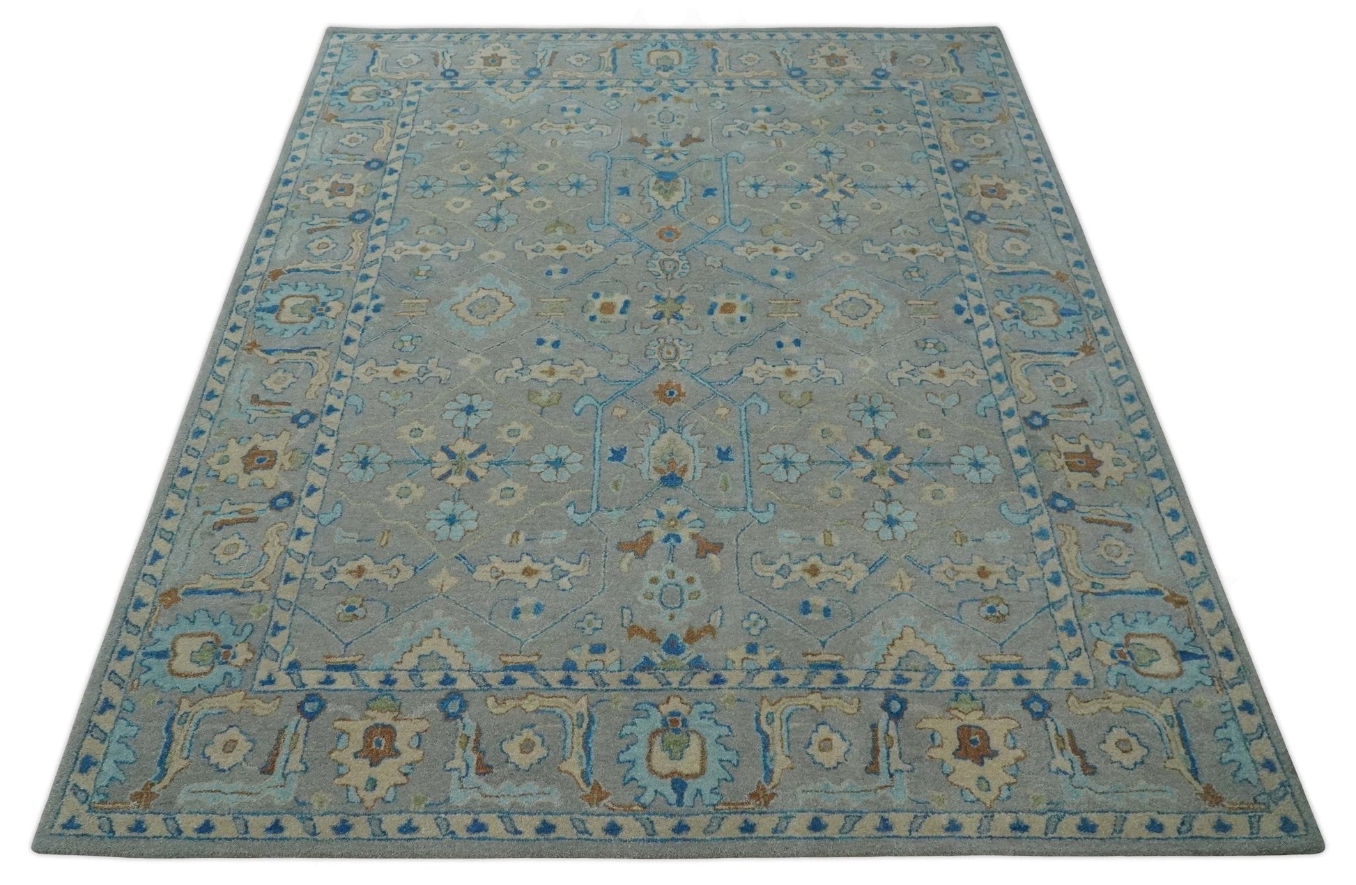 8x10 Hand Tufted Gray, Beige and Accent Blue Traditional Herati Design Wool Rug - Marsh and Manor Collective