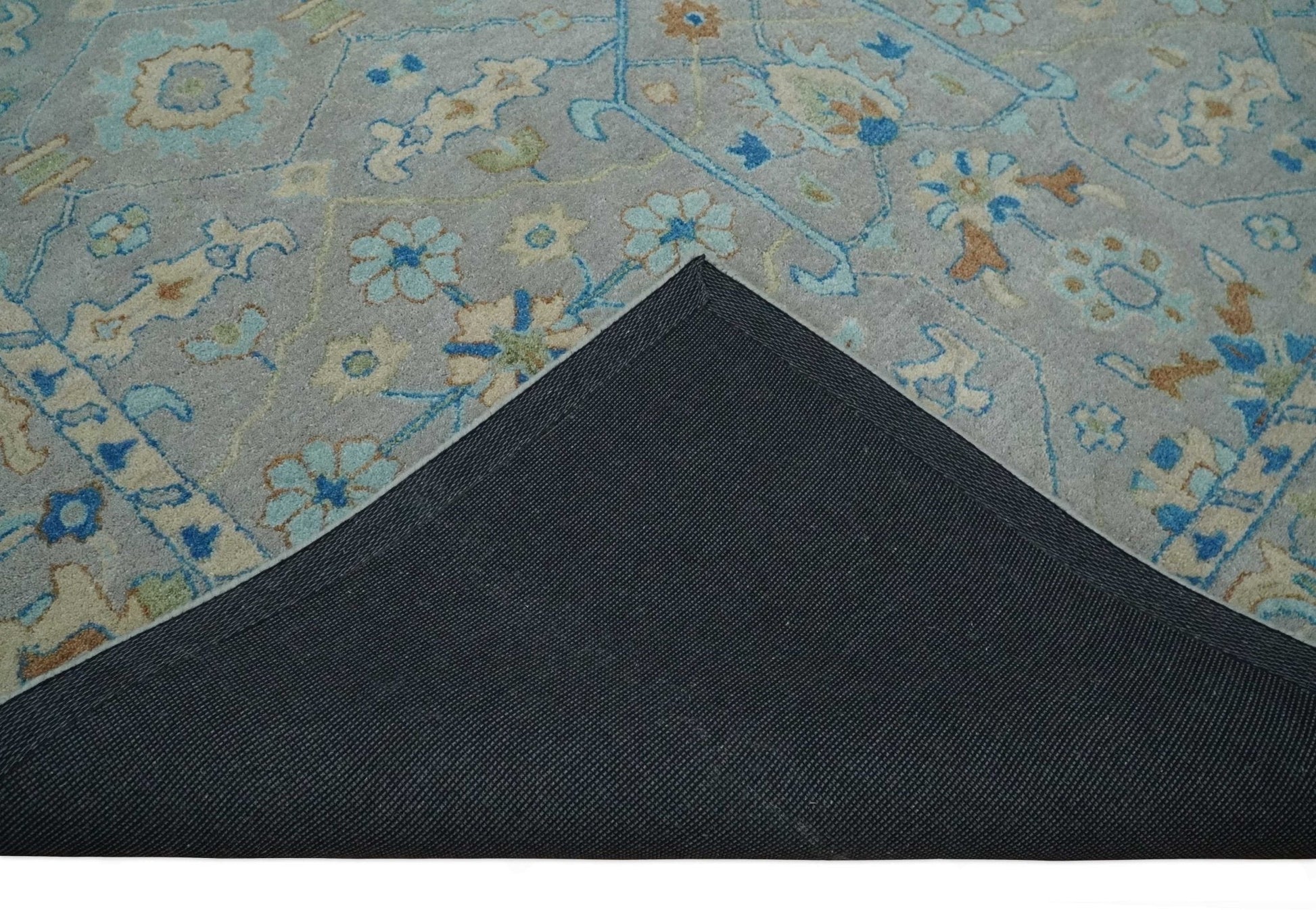 8x10 Hand Tufted Gray, Beige and Accent Blue Traditional Herati Design Wool Rug - Marsh and Manor Collective
