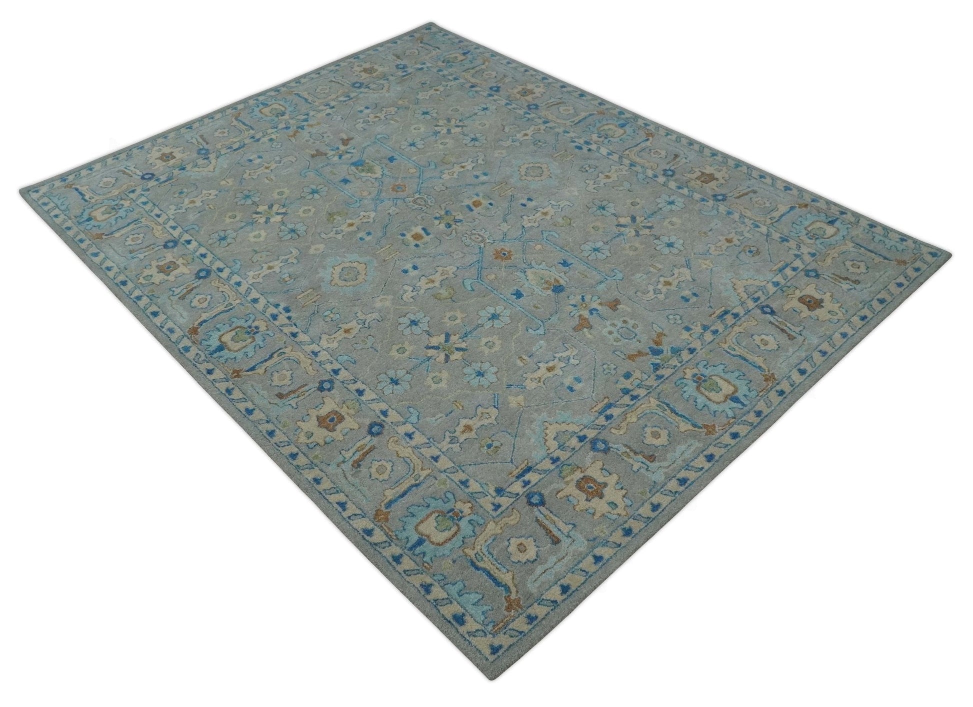 8x10 Hand Tufted Gray, Beige and Accent Blue Traditional Herati Design Wool Rug - Marsh and Manor Collective
