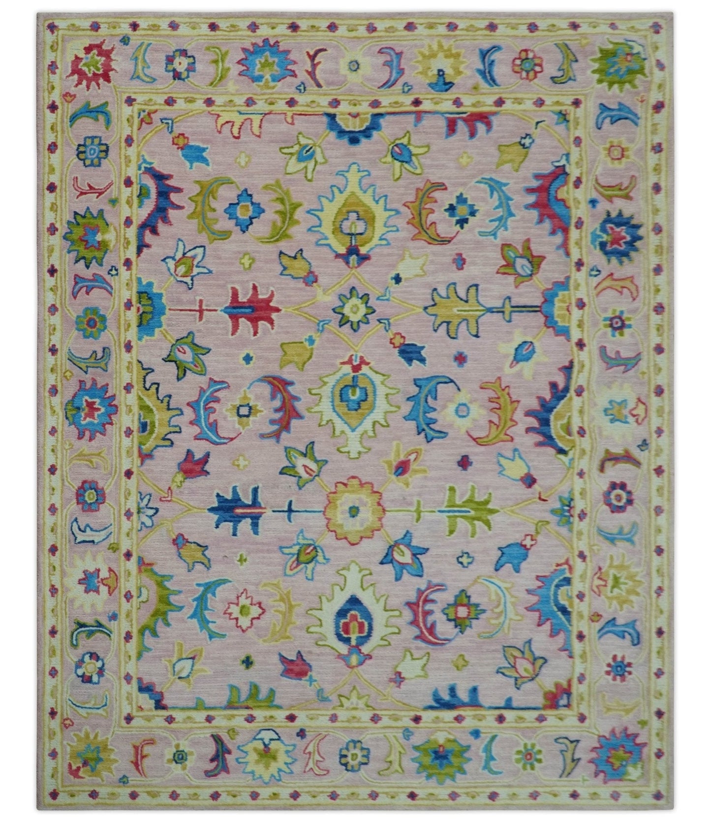 8x10 Vibrant Colorful Pink, Olive and Blue Oriental Oushak Hand Tufted area rug - Marsh and Manor Collective