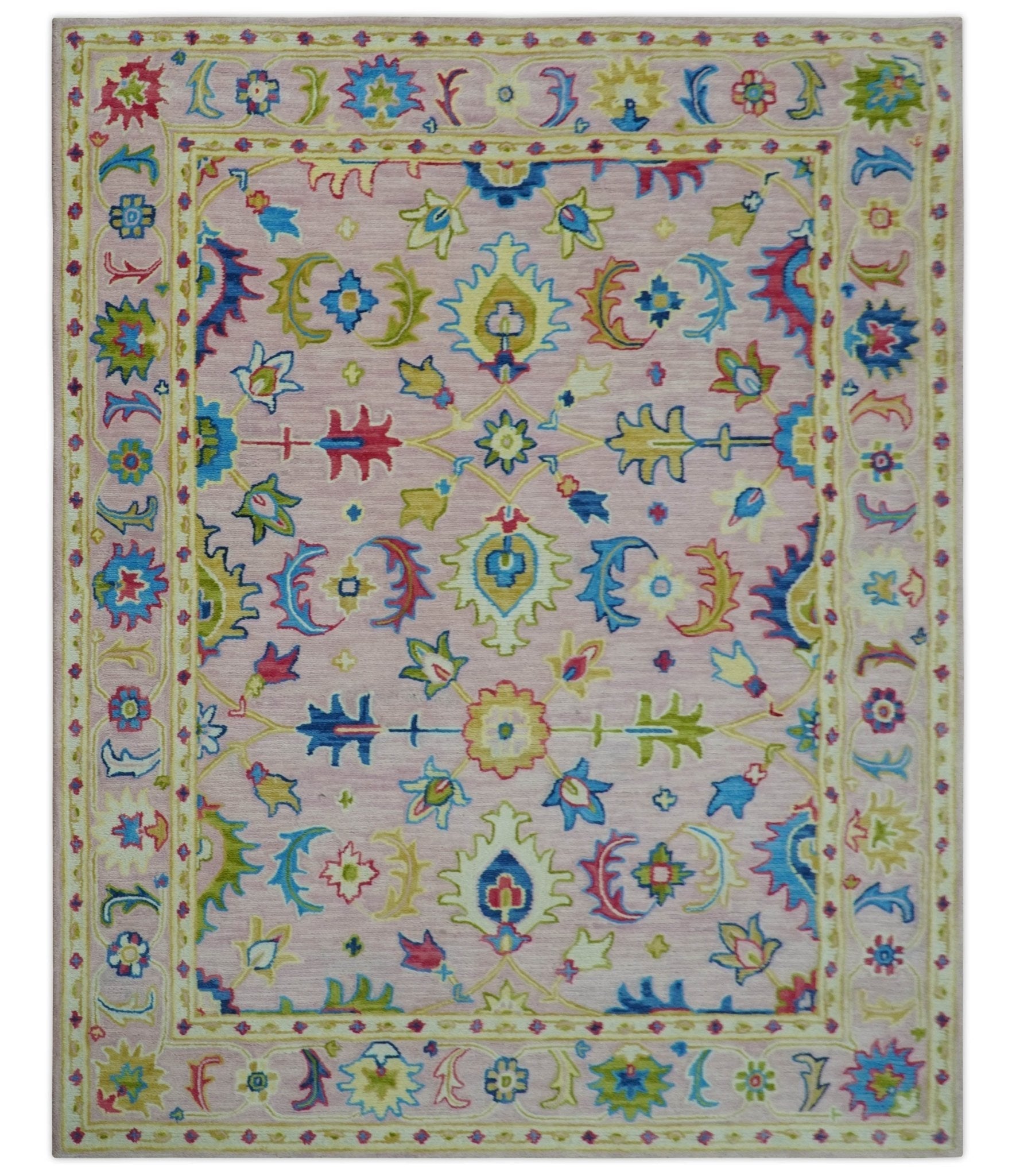 8x10 Vibrant Colorful Pink, Olive and Blue Oriental Oushak Hand Tufted area rug - Marsh and Manor Collective