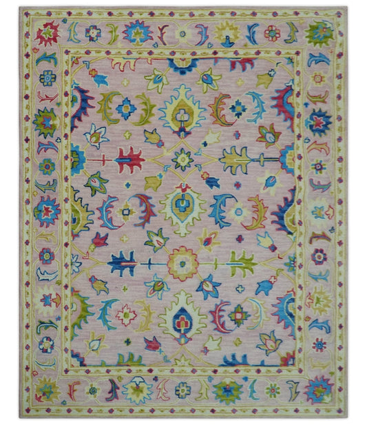 8x10 Vibrant Colorful Pink, Olive and Blue Oriental Oushak Hand Tufted area rug - Marsh and Manor Collective
