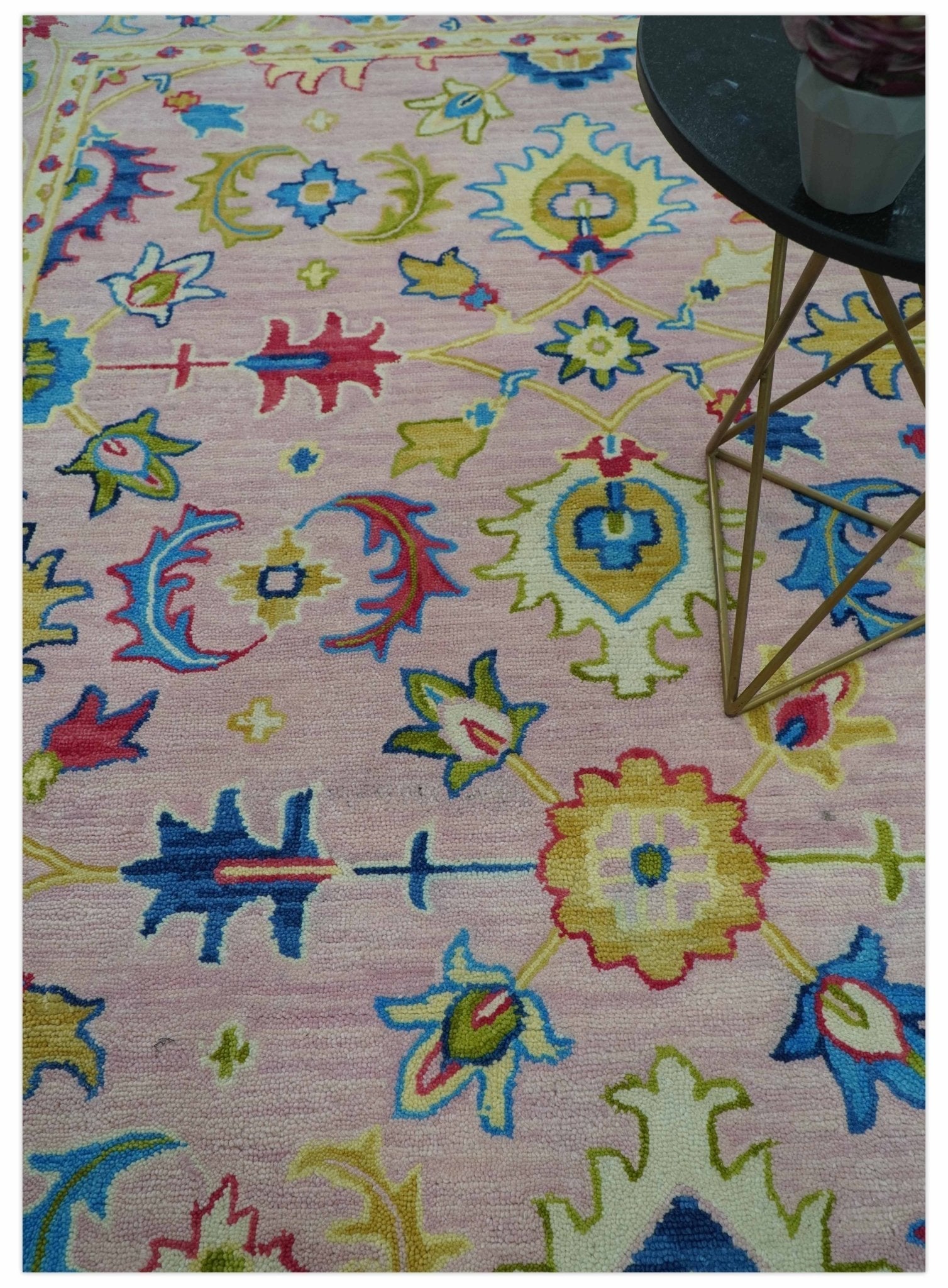 8x10 Vibrant Colorful Pink, Olive and Blue Oriental Oushak Hand Tufted area rug - Marsh and Manor Collective