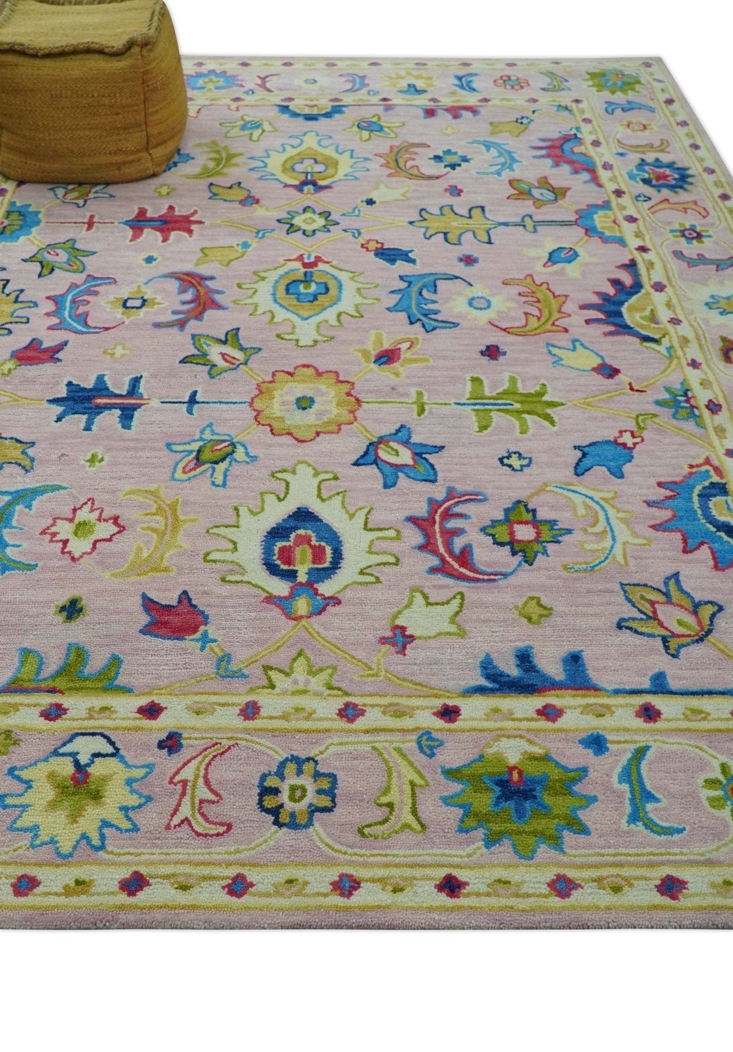 8x10 Vibrant Colorful Pink, Olive and Blue Oriental Oushak Hand Tufted area rug - Marsh and Manor Collective