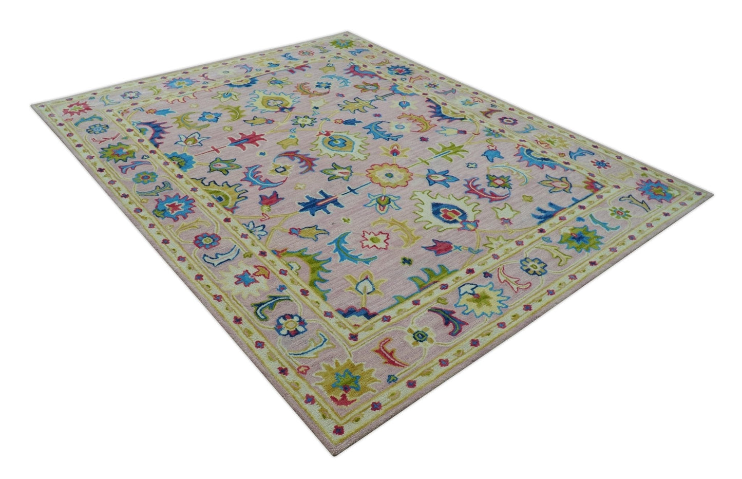 8x10 Vibrant Colorful Pink, Olive and Blue Oriental Oushak Hand Tufted area rug - Marsh and Manor Collective