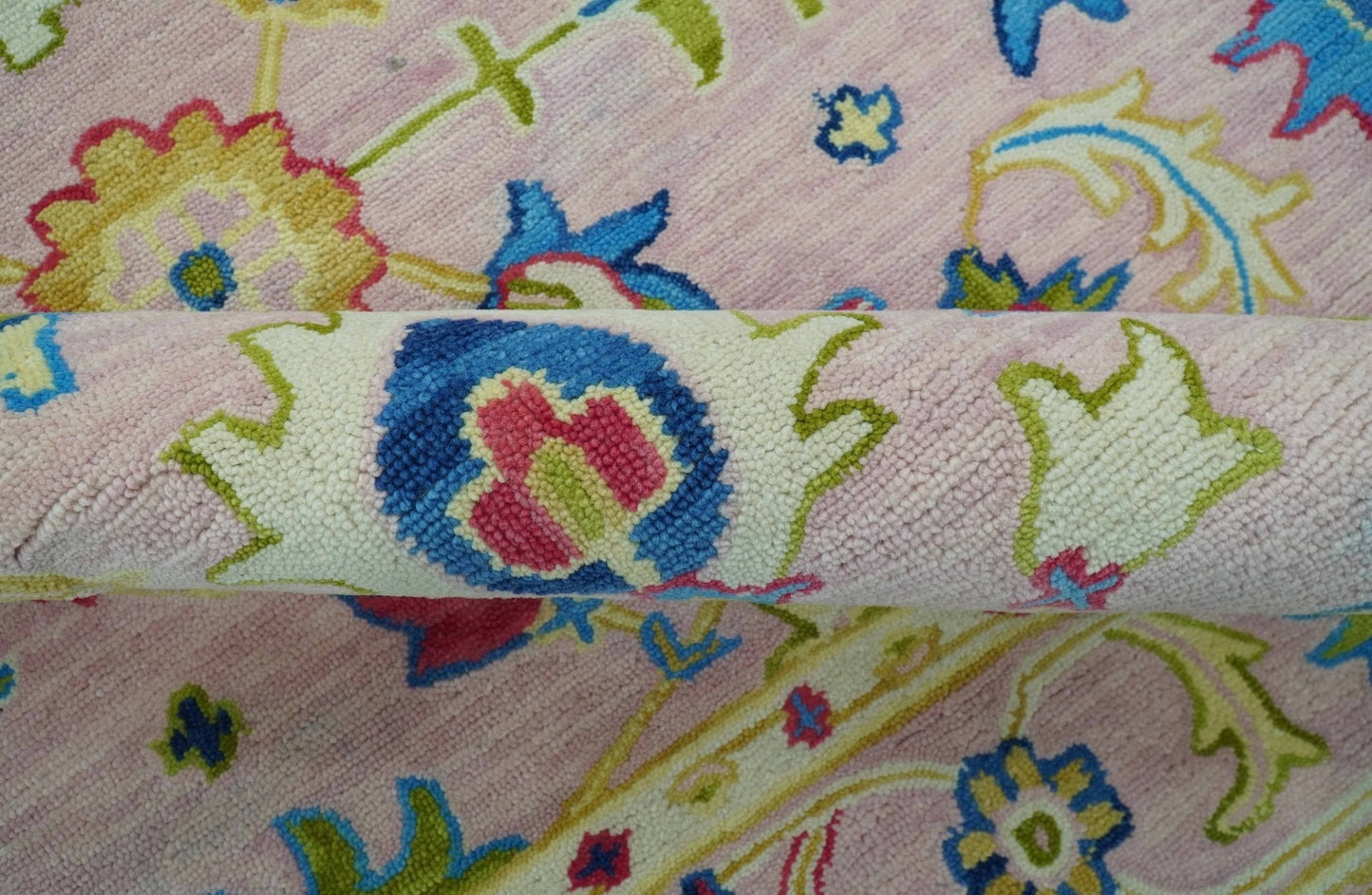 8x10 Vibrant Colorful Pink, Olive and Blue Oriental Oushak Hand Tufted area rug - Marsh and Manor Collective