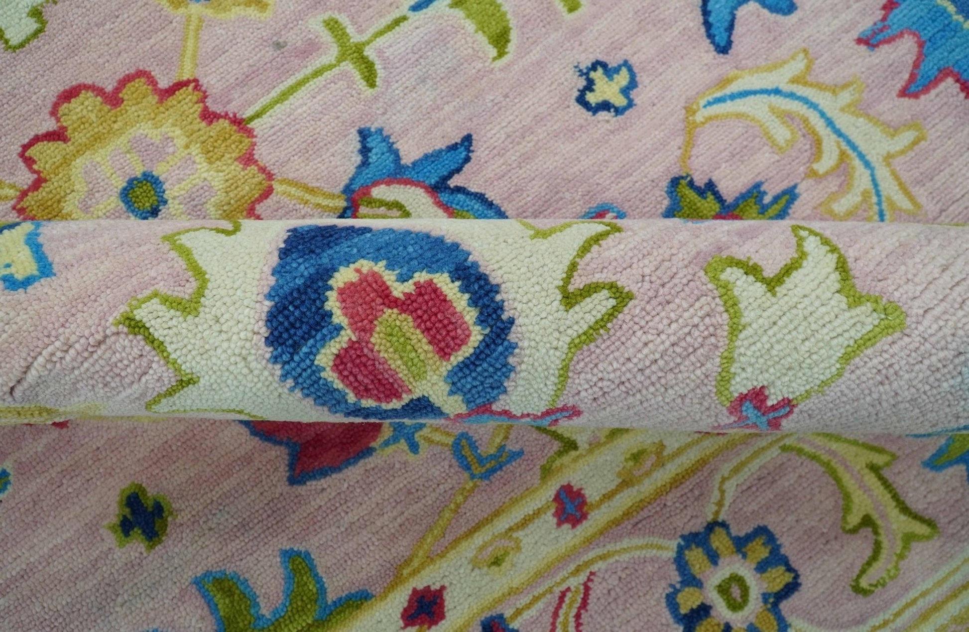 8x10 Vibrant Colorful Pink, Olive and Blue Oriental Oushak Hand Tufted area rug - Marsh and Manor Collective