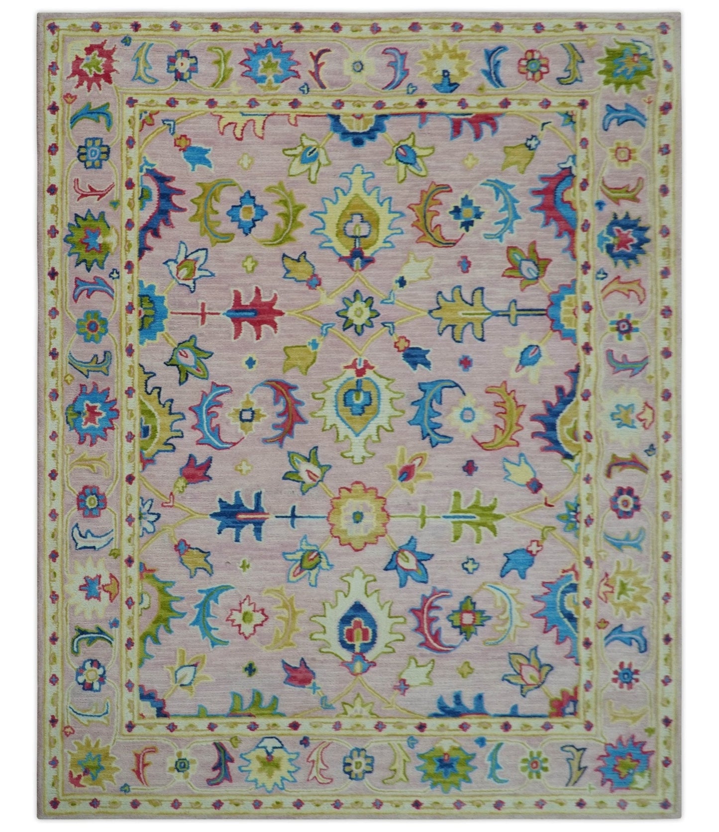 8x10 Vibrant Colorful Pink, Olive and Blue Oriental Oushak Hand Tufted area rug - Marsh and Manor Collective