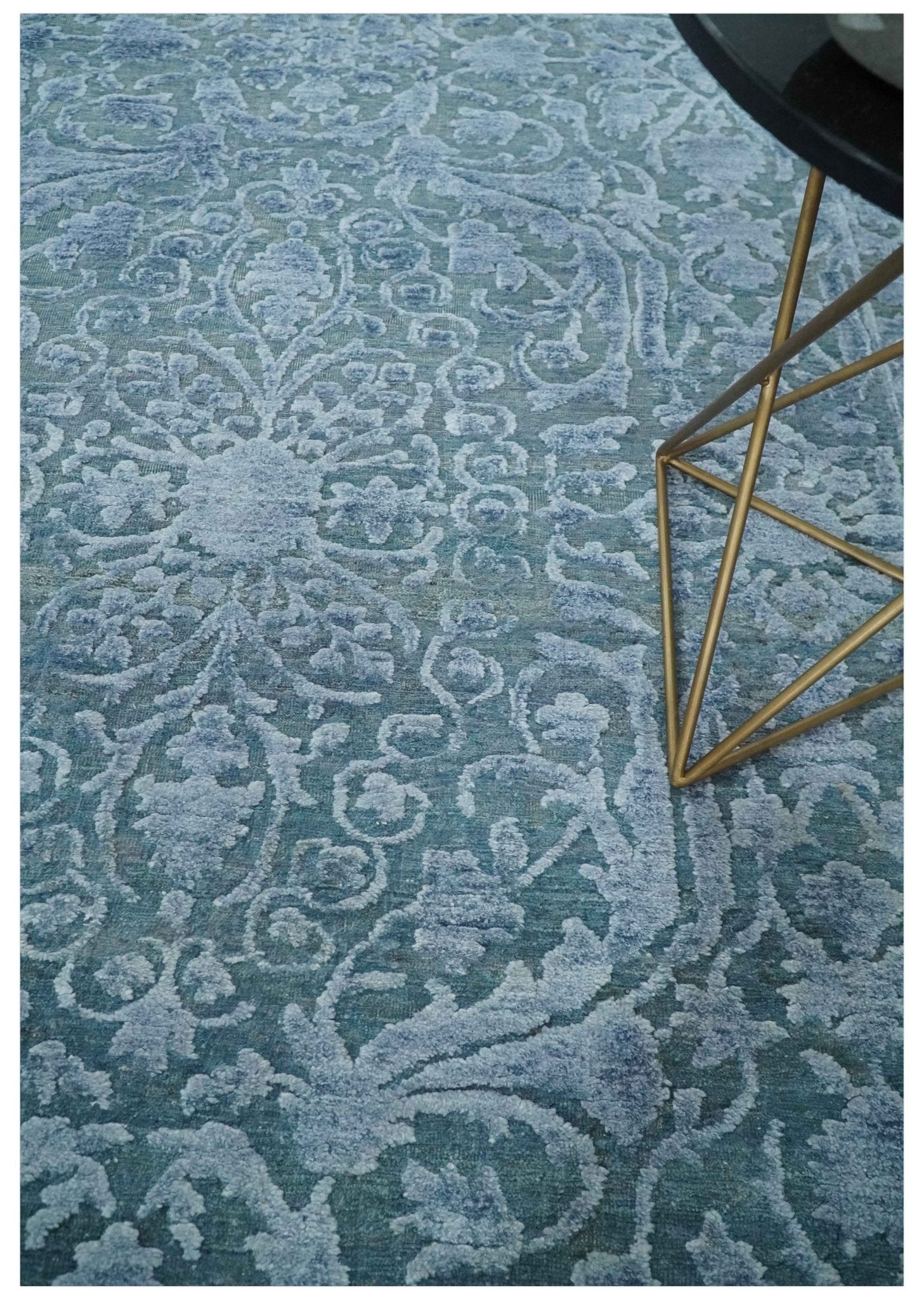 8x9.7 Blue Antique Style, Distressed Finish Hand Carved Traditional Medalian Hand Knotted Wool and Silk Rug - Marsh and Manor Collective