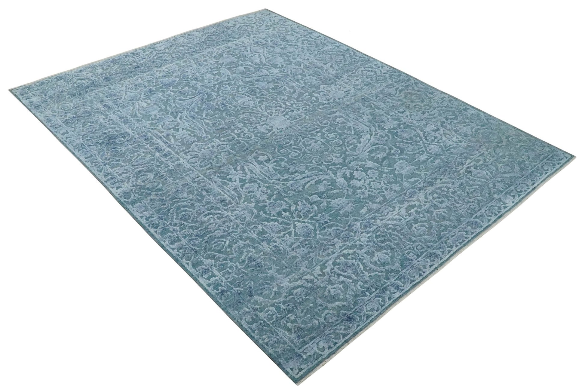 8x9.7 Blue Antique Style, Distressed Finish Hand Carved Traditional Medalian Hand Knotted Wool and Silk Rug - Marsh and Manor Collective