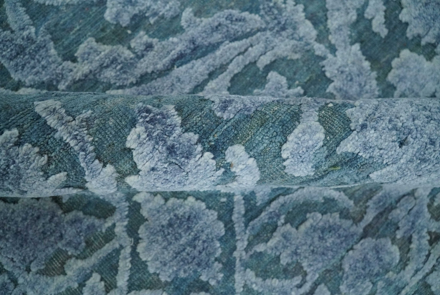 8x9.7 Blue Antique Style, Distressed Finish Hand Carved Traditional Medalian Hand Knotted Wool and Silk Rug - Marsh and Manor Collective