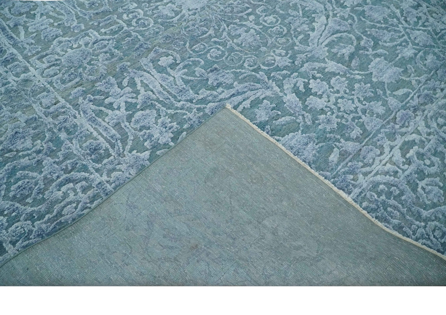 8x9.7 Blue Antique Style, Distressed Finish Hand Carved Traditional Medalian Hand Knotted Wool and Silk Rug - Marsh and Manor Collective