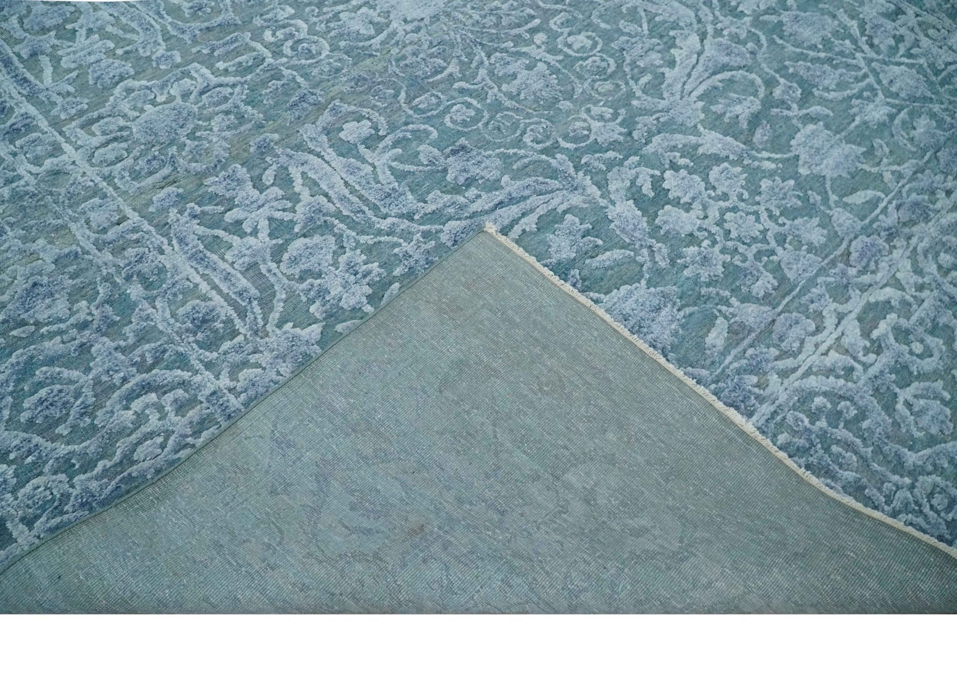 8x9.7 Blue Antique Style, Distressed Finish Hand Carved Traditional Medalian Hand Knotted Wool and Silk Rug - Marsh and Manor Collective