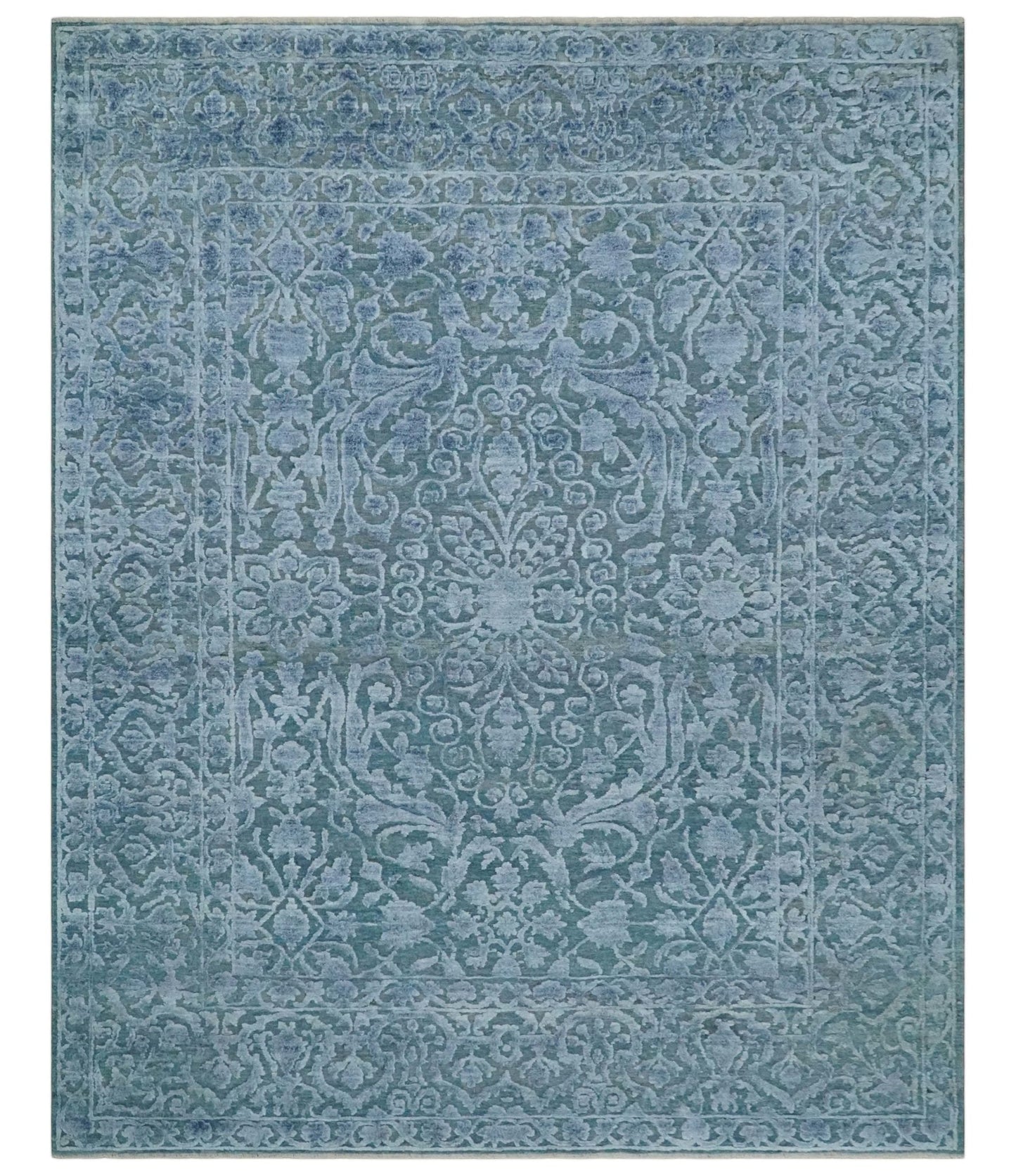 8x9.7 Blue Antique Style, Distressed Finish Hand Carved Traditional Medalian Hand Knotted Wool and Silk Rug - Marsh and Manor Collective