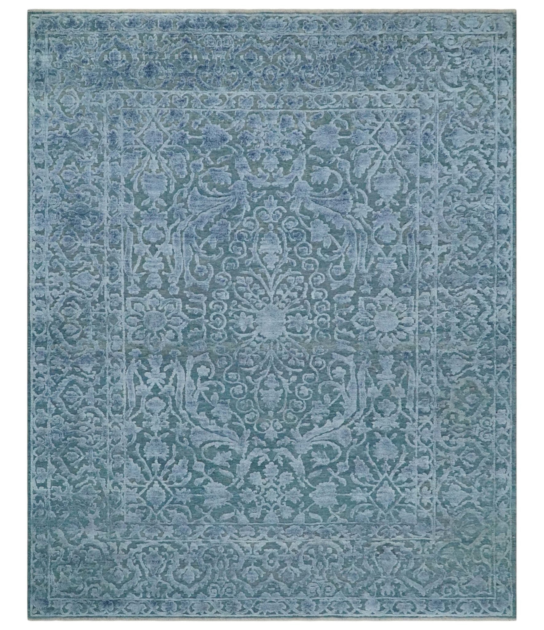 8x9.7 Blue Antique Style, Distressed Finish Hand Carved Traditional Medalian Hand Knotted Wool and Silk Rug - Marsh and Manor Collective