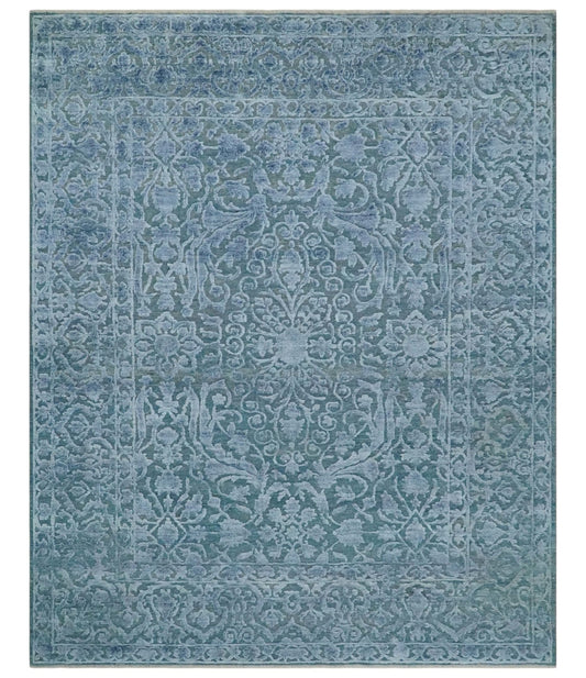 8x9.7 Blue Antique Style, Distressed Finish Hand Carved Traditional Medalian Hand Knotted Wool and Silk Rug - Marsh and Manor Collective