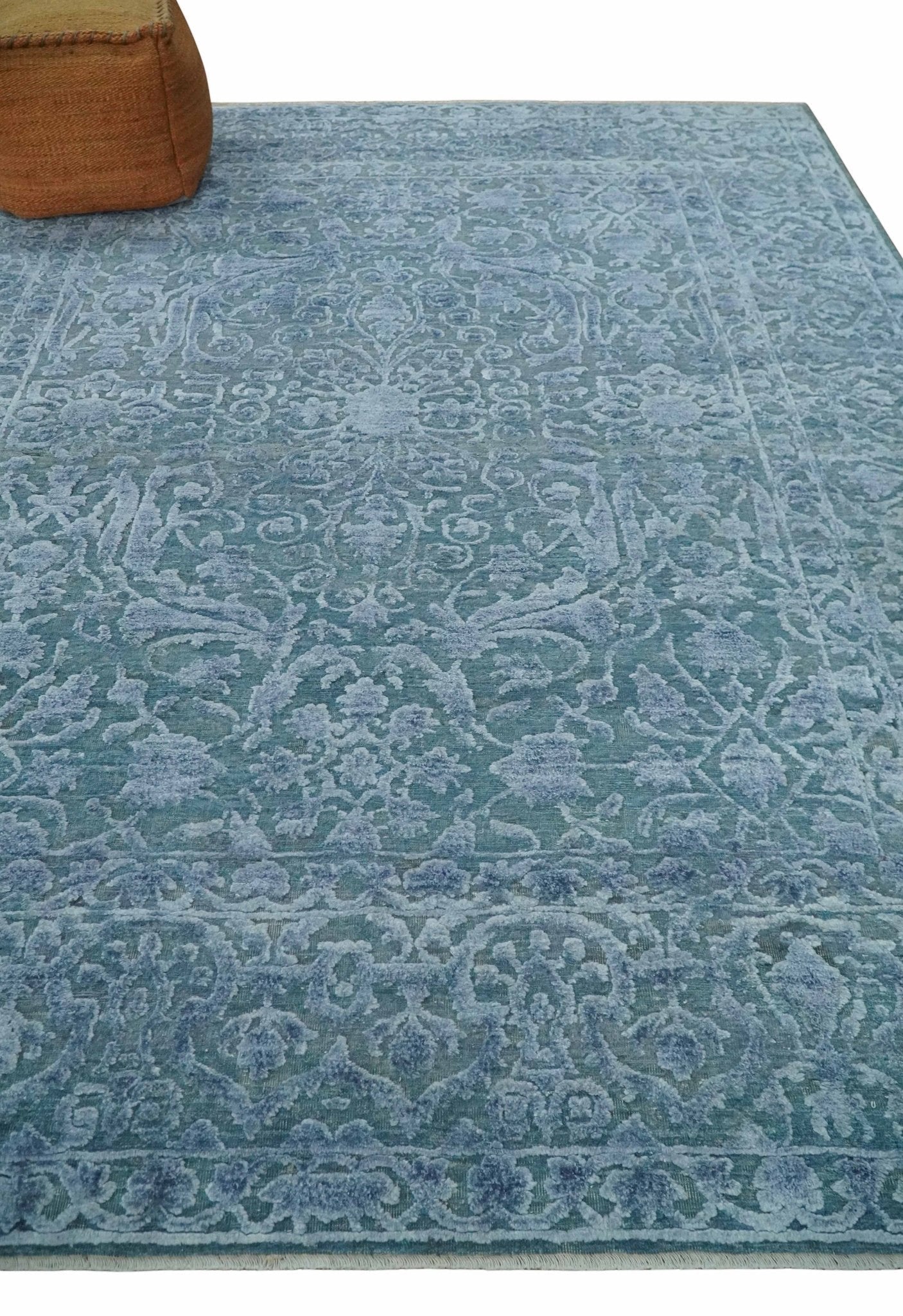 8x9.7 Blue Antique Style, Distressed Finish Hand Carved Traditional Medalian Hand Knotted Wool and Silk Rug - Marsh and Manor Collective
