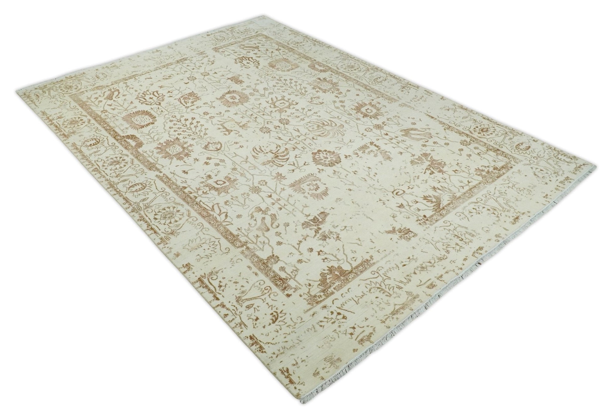 9x12 Fine Hand Knotted Beige and Brown Traditional Vintage Persian Style Antique Wool and Silk Rug | AGR46 - Marsh and Manor Collective