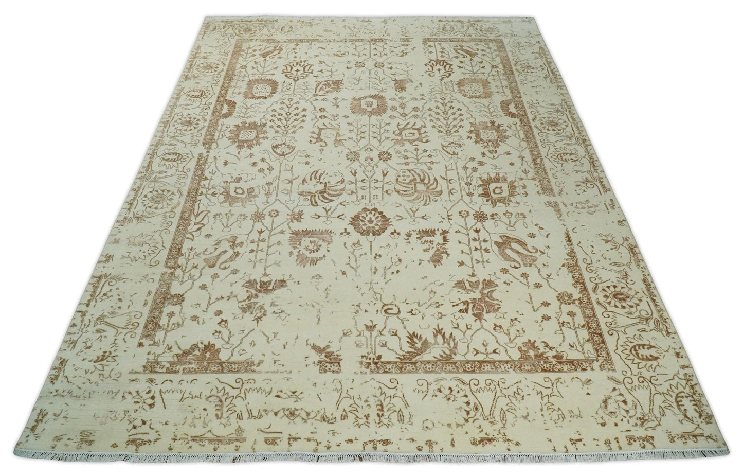 9x12 Fine Hand Knotted Beige and Brown Traditional Vintage Persian Style Antique Wool and Silk Rug | AGR46 - Marsh and Manor Collective