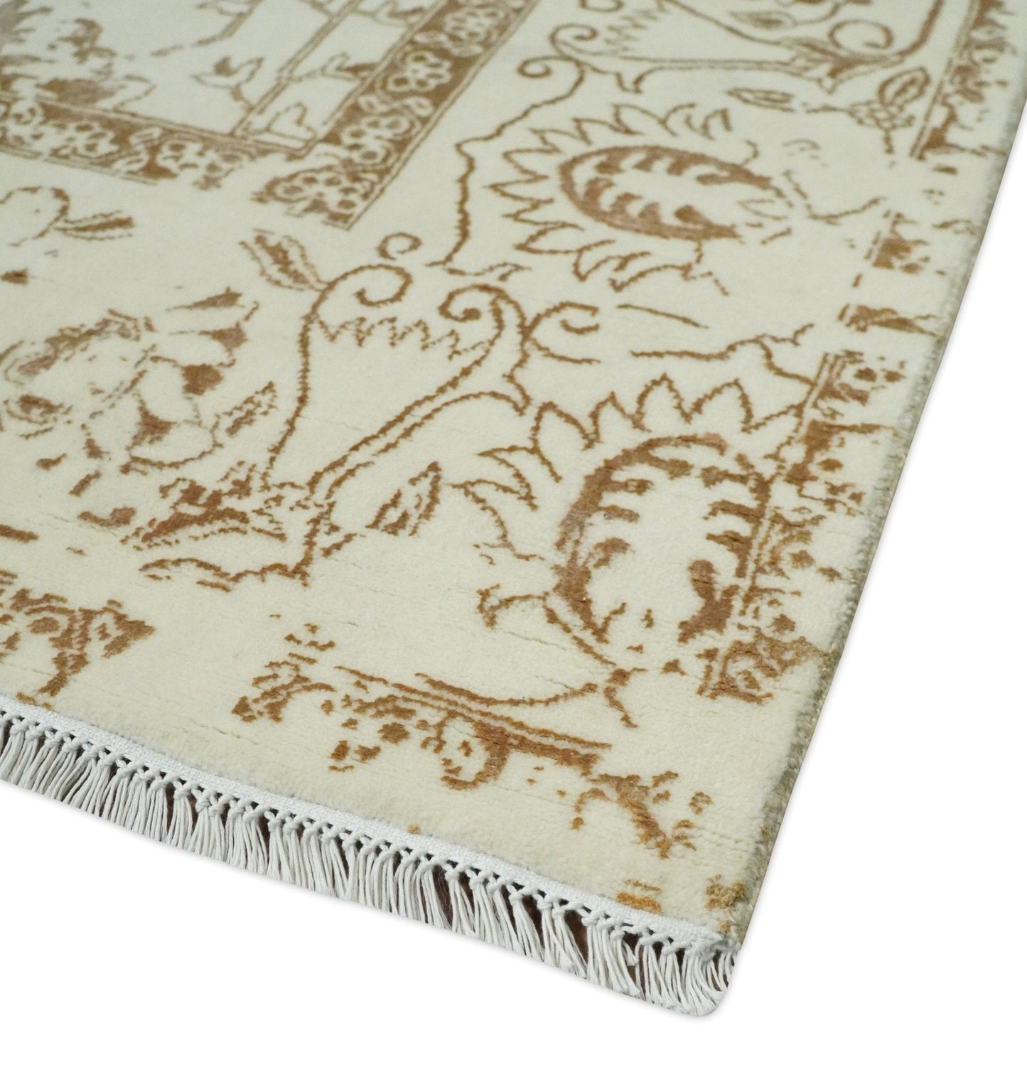 9x12 Fine Hand Knotted Beige and Brown Traditional Vintage Persian Style Antique Wool and Silk Rug | AGR46 - Marsh and Manor Collective