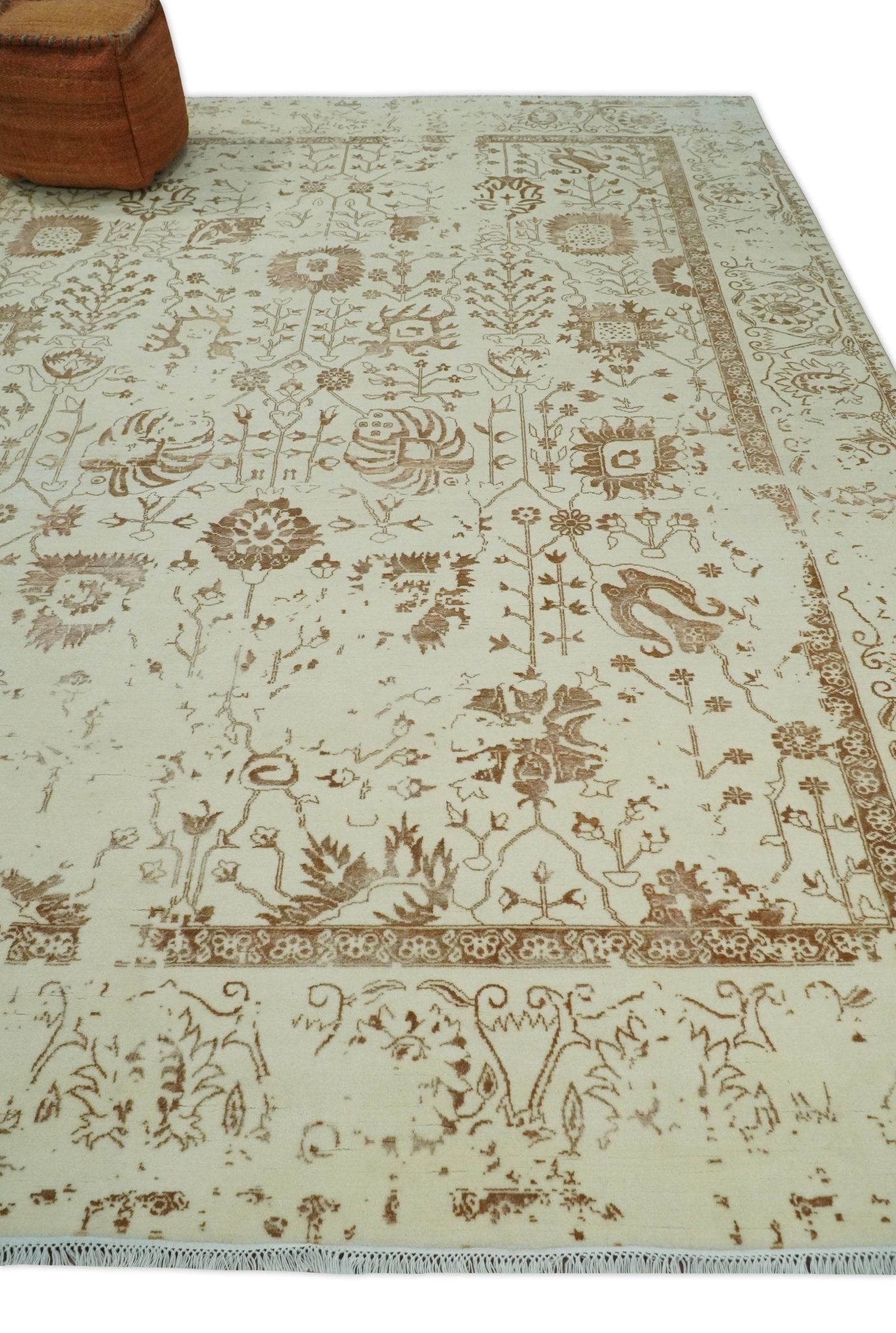 9x12 Fine Hand Knotted Beige and Brown Traditional Vintage Persian Style Antique Wool and Silk Rug | AGR46 - Marsh and Manor Collective