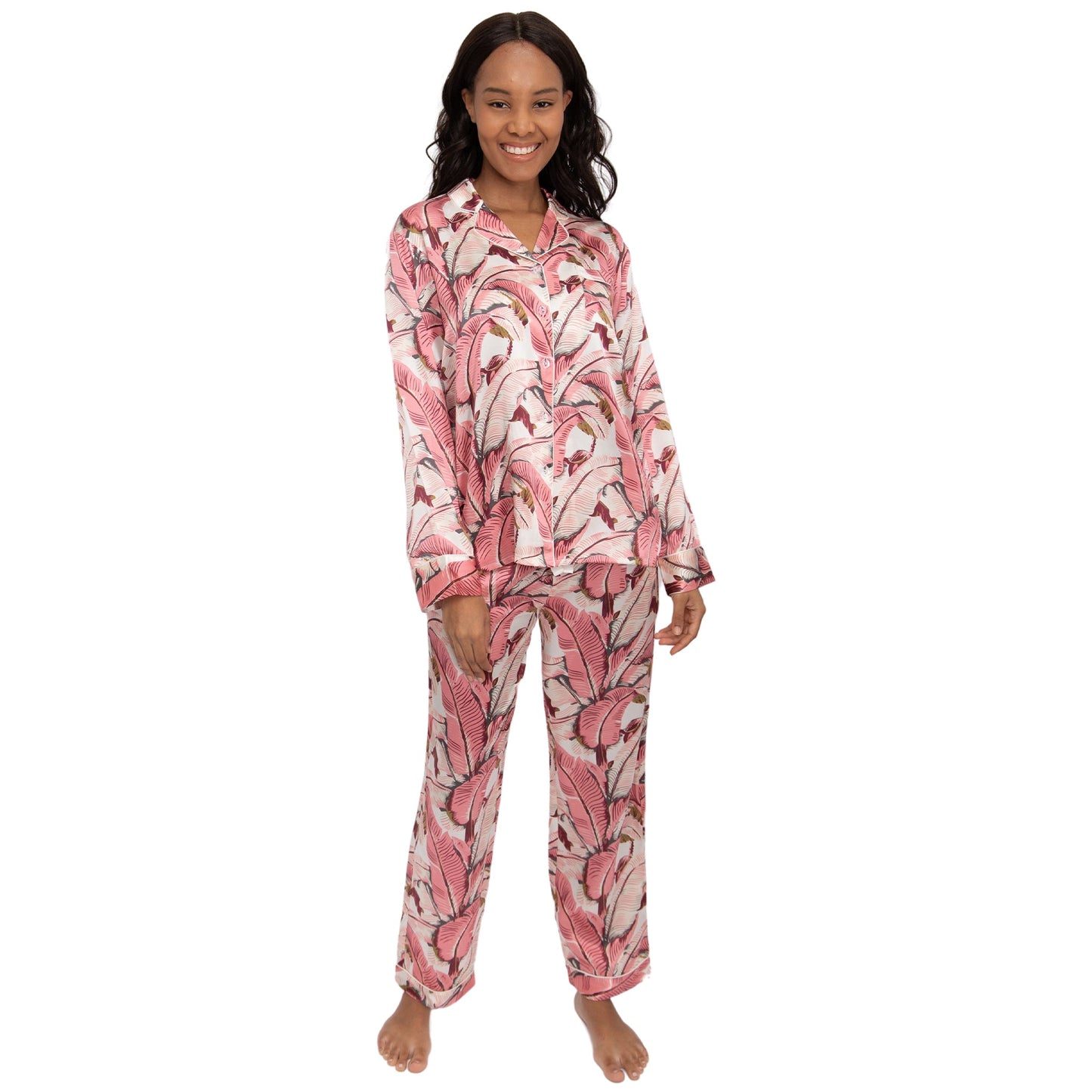 Women's Martinique® Pink Banana Leaf Long PJ Set - SILK