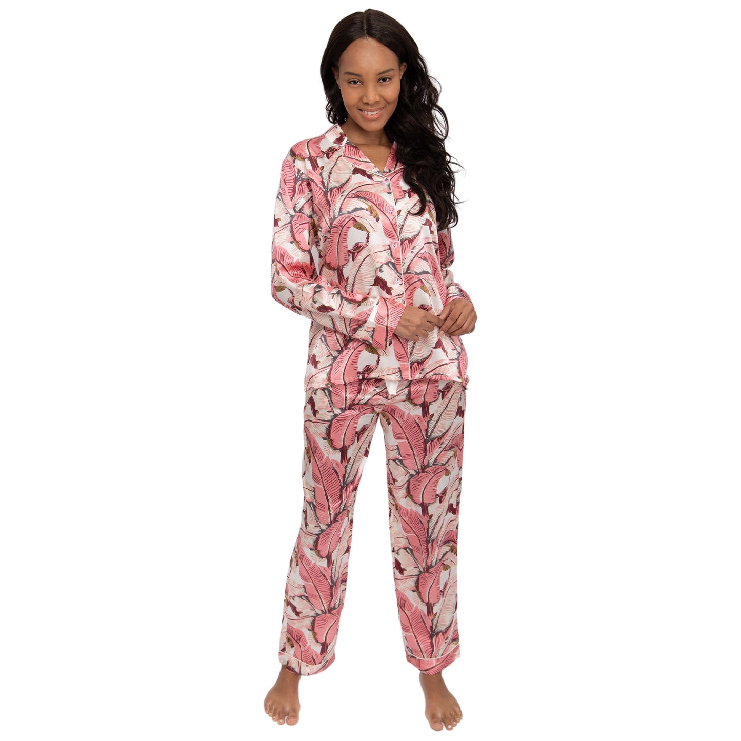 Women's Martinique® Pink Banana Leaf Long PJ Set - SILK