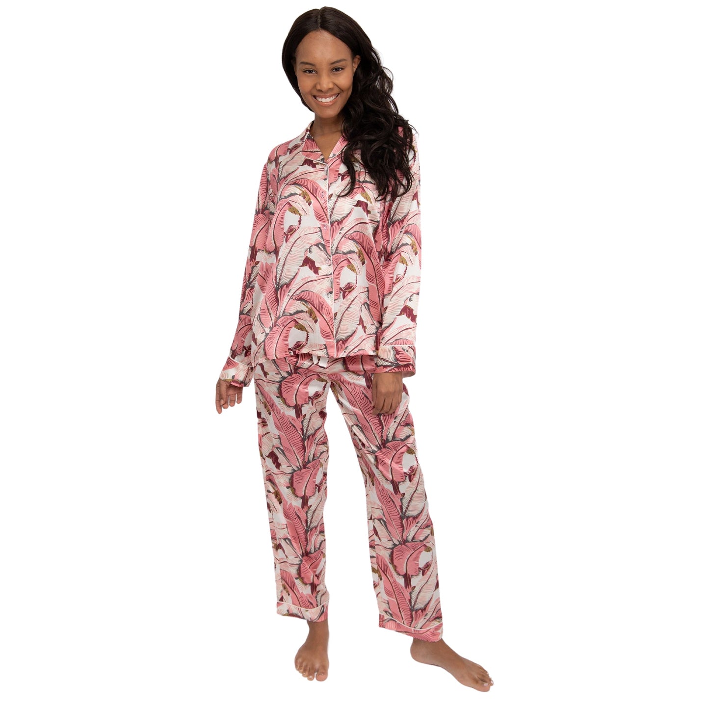 Women's Martinique® Pink Banana Leaf Long PJ Set - SILK