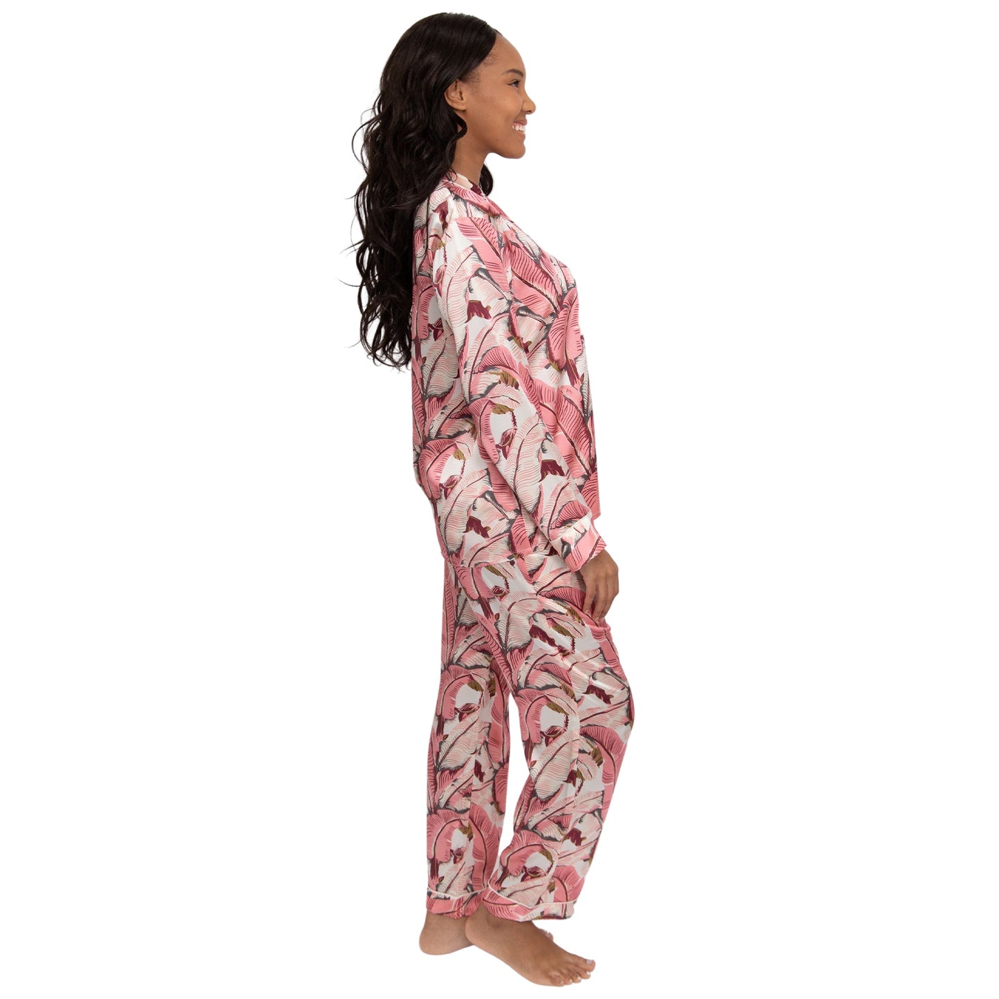 Women's Martinique® Pink Banana Leaf Long PJ Set - SILK