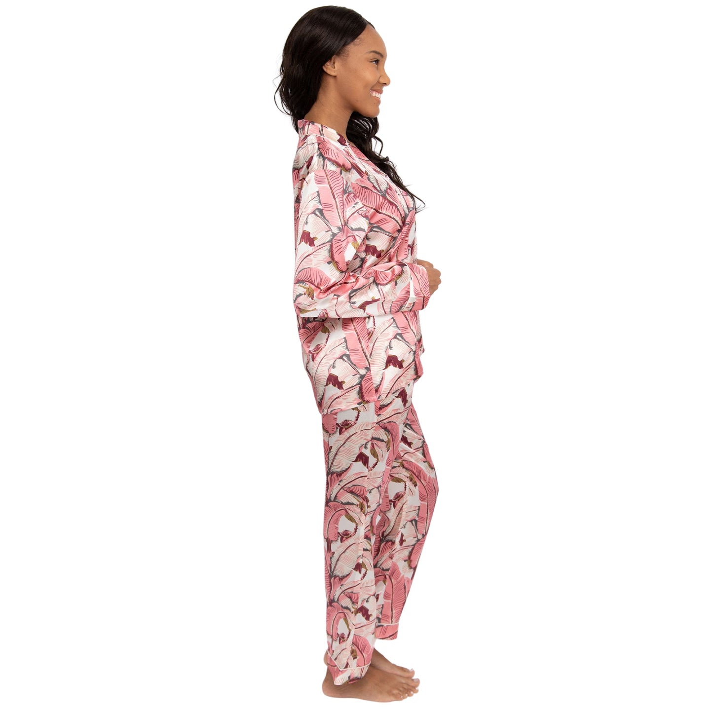 Women's Martinique® Pink Banana Leaf Long PJ Set - SILK