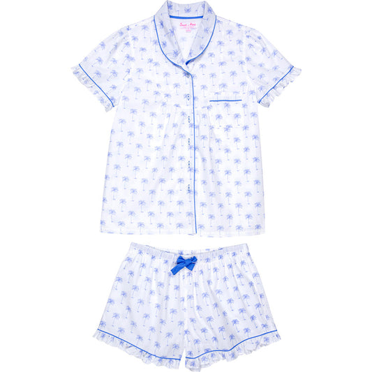 Women's Blue Palm Tree Short PJ Set