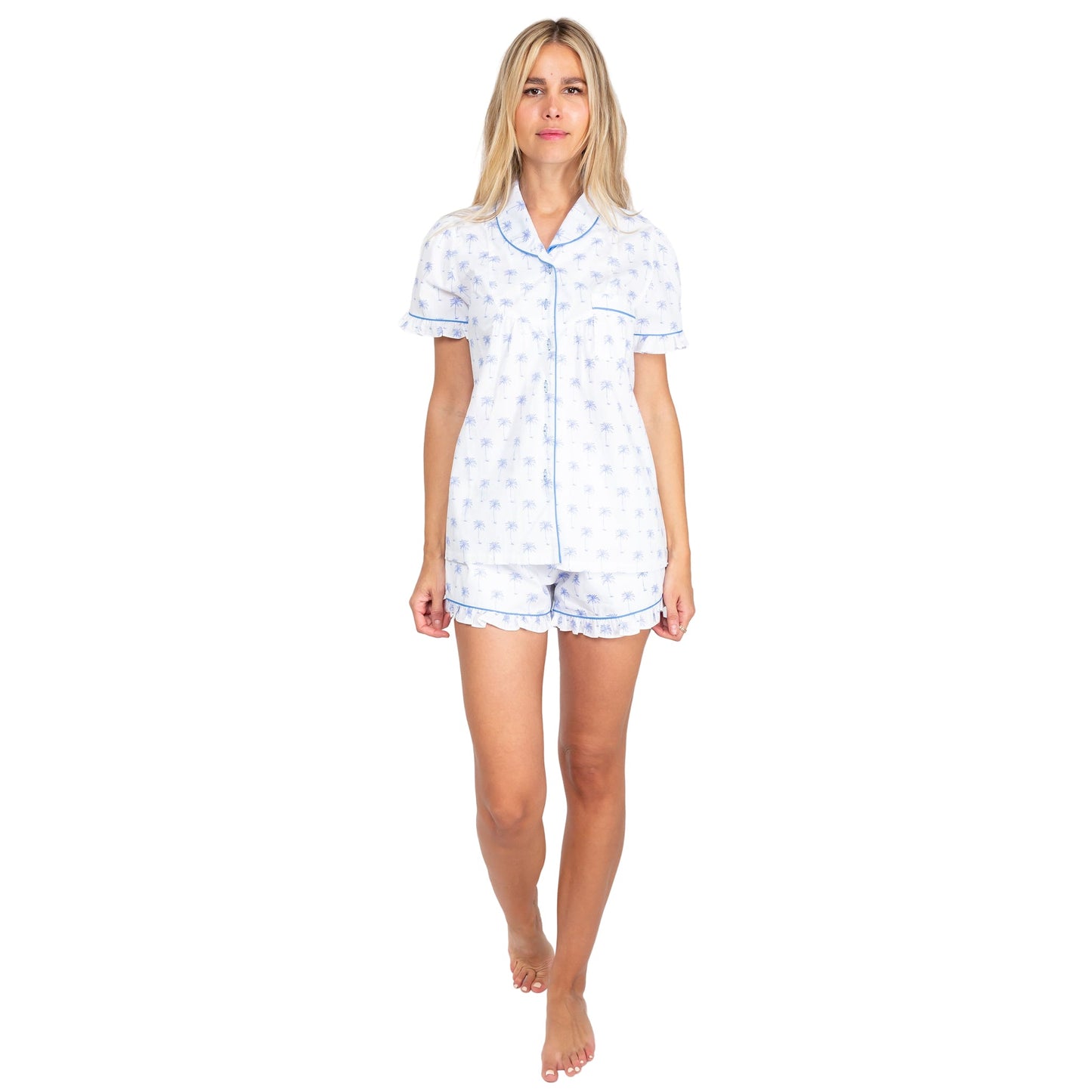 Women's Blue Palm Tree Short PJ Set