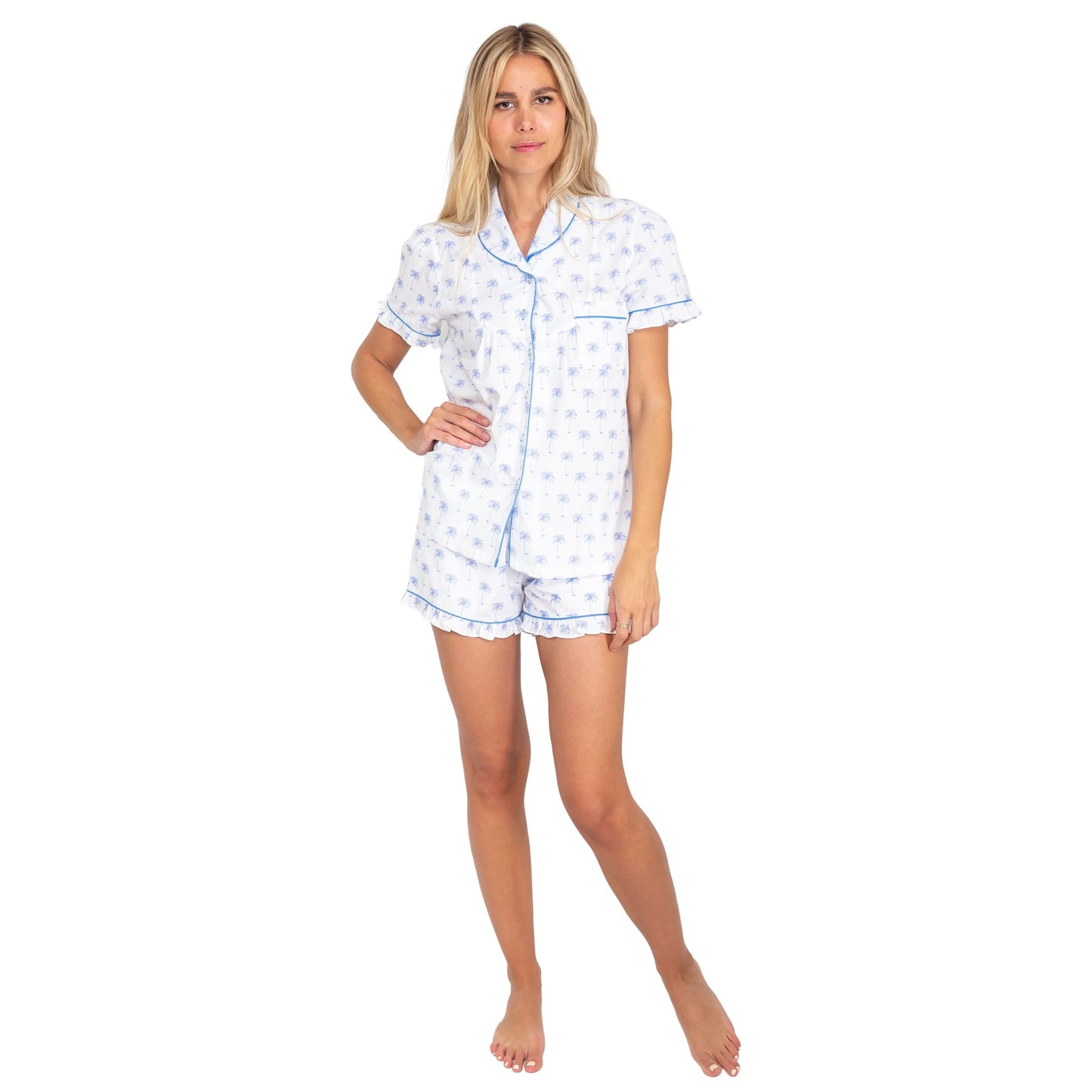 Women's Blue Palm Tree Short PJ Set