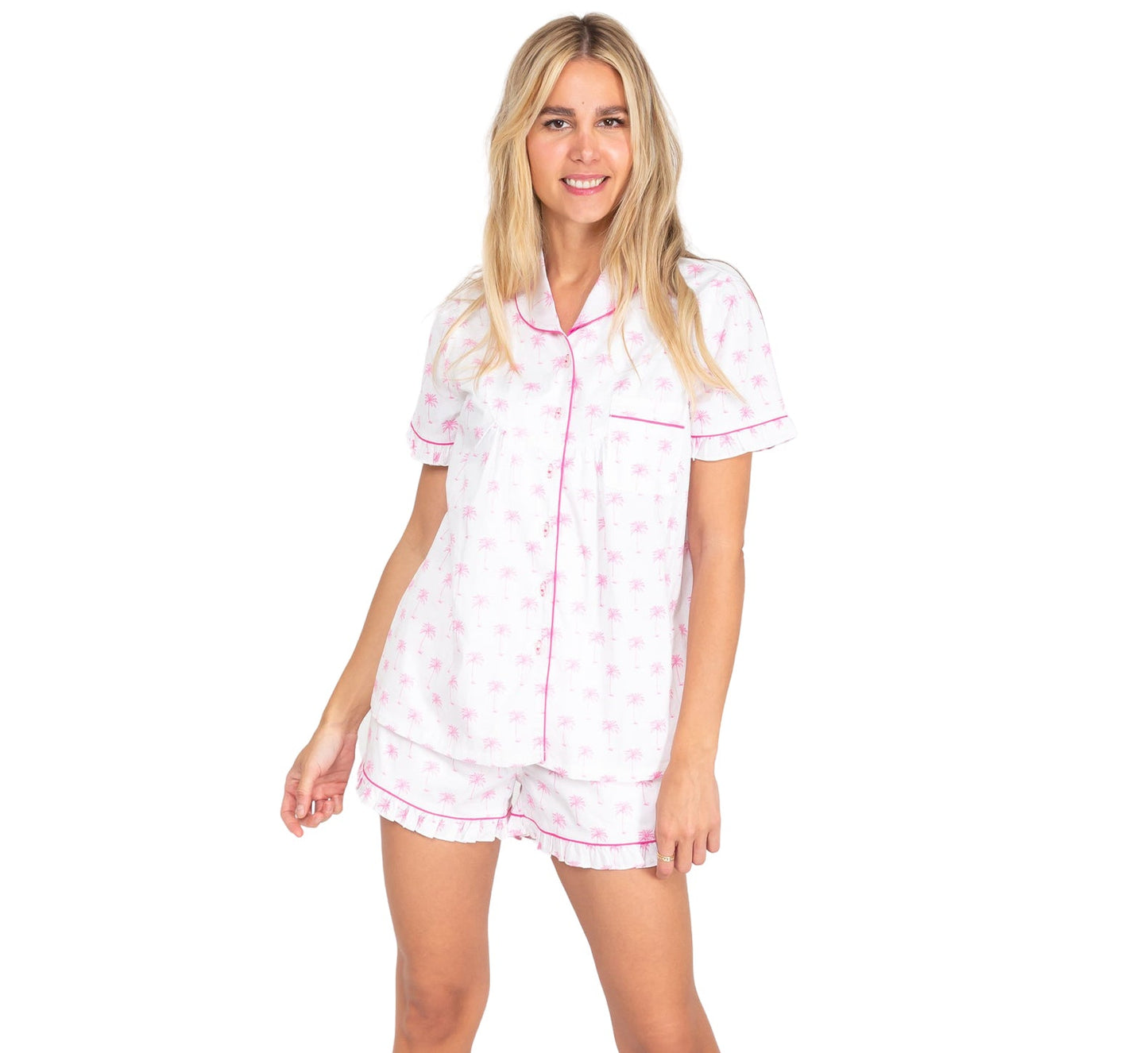 Women's Pink Palm Tree Short PJ Set