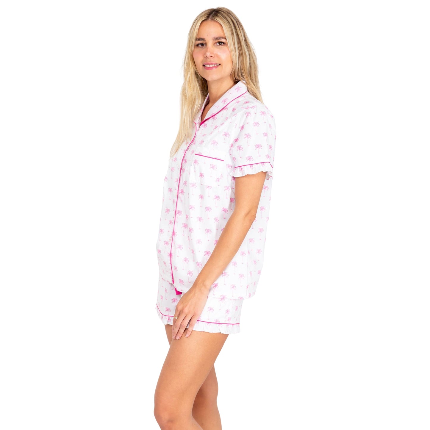 Women's Pink Palm Tree Short PJ Set