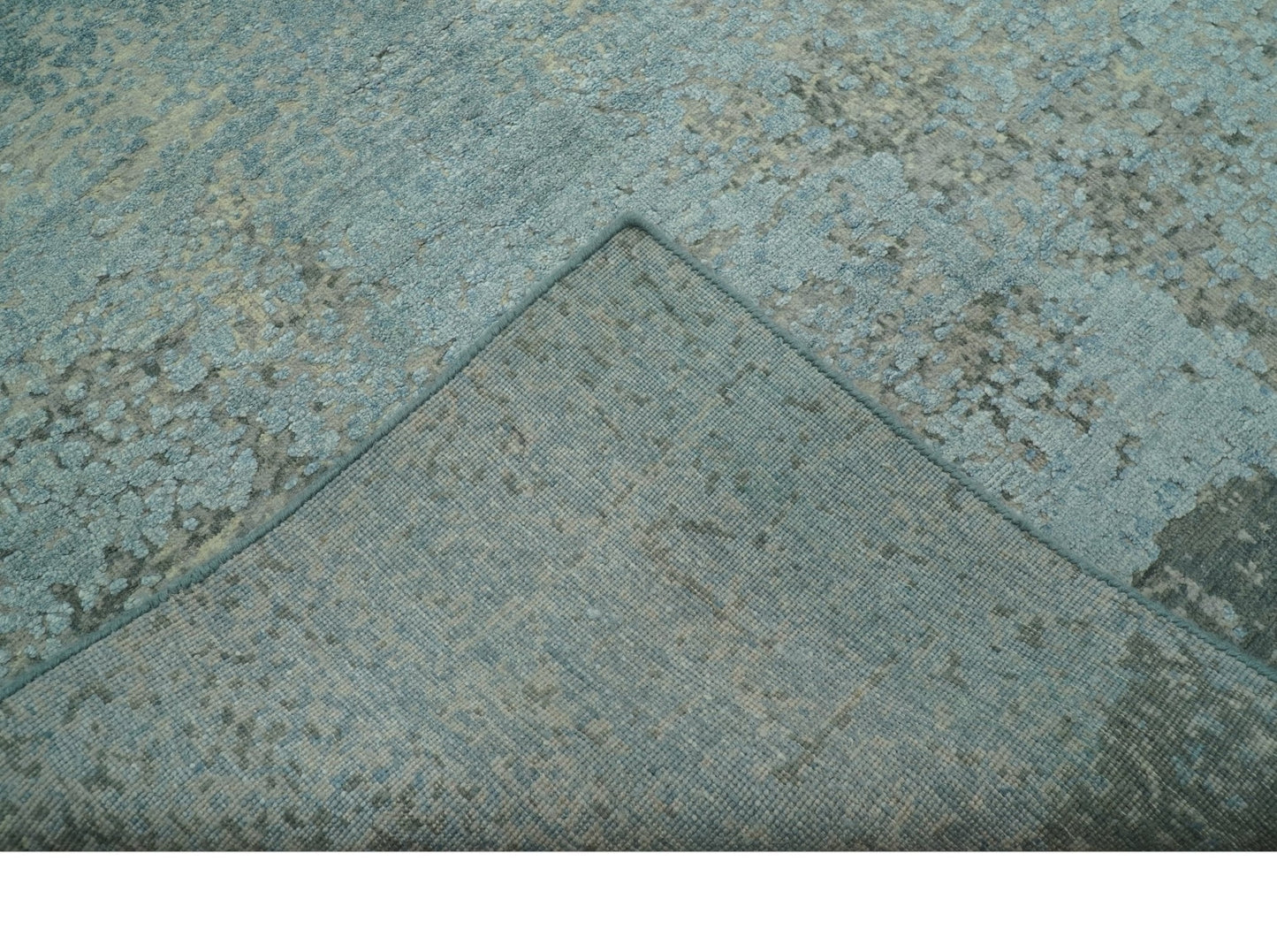 Abstract Design Blue, Beige And Gray 8x10 Hand Knotted Wool and Bamboo Silk Rug - Marsh and Manor Collective