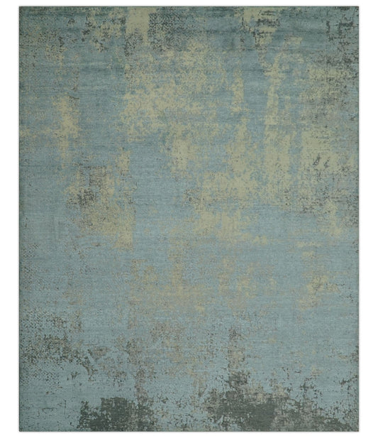 Abstract Design Blue, Beige And Gray 8x10 Hand Knotted Wool and Bamboo Silk Rug - Marsh and Manor Collective
