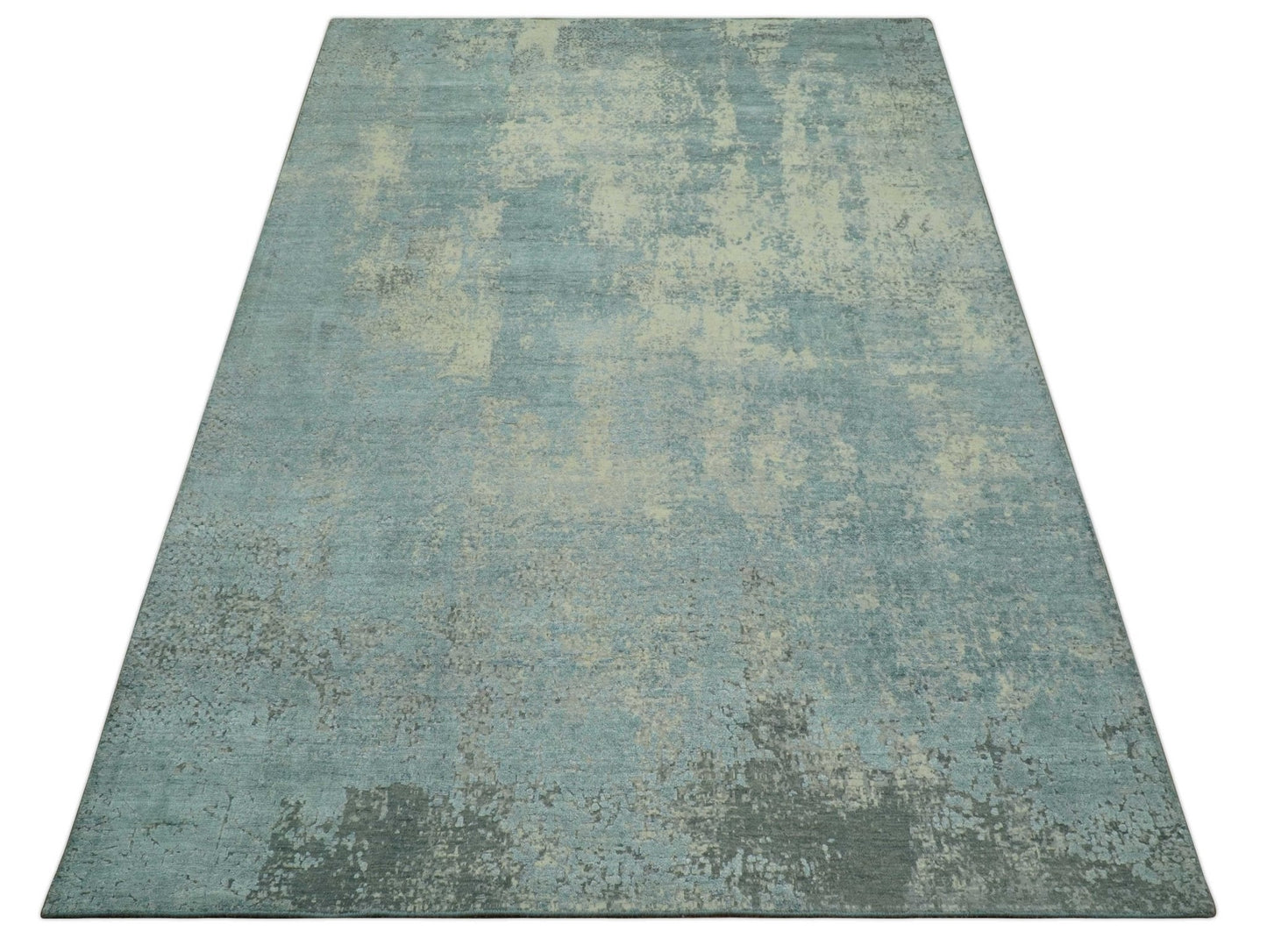Abstract Design Blue, Beige And Gray 8x10 Hand Knotted Wool and Bamboo Silk Rug - Marsh and Manor Collective